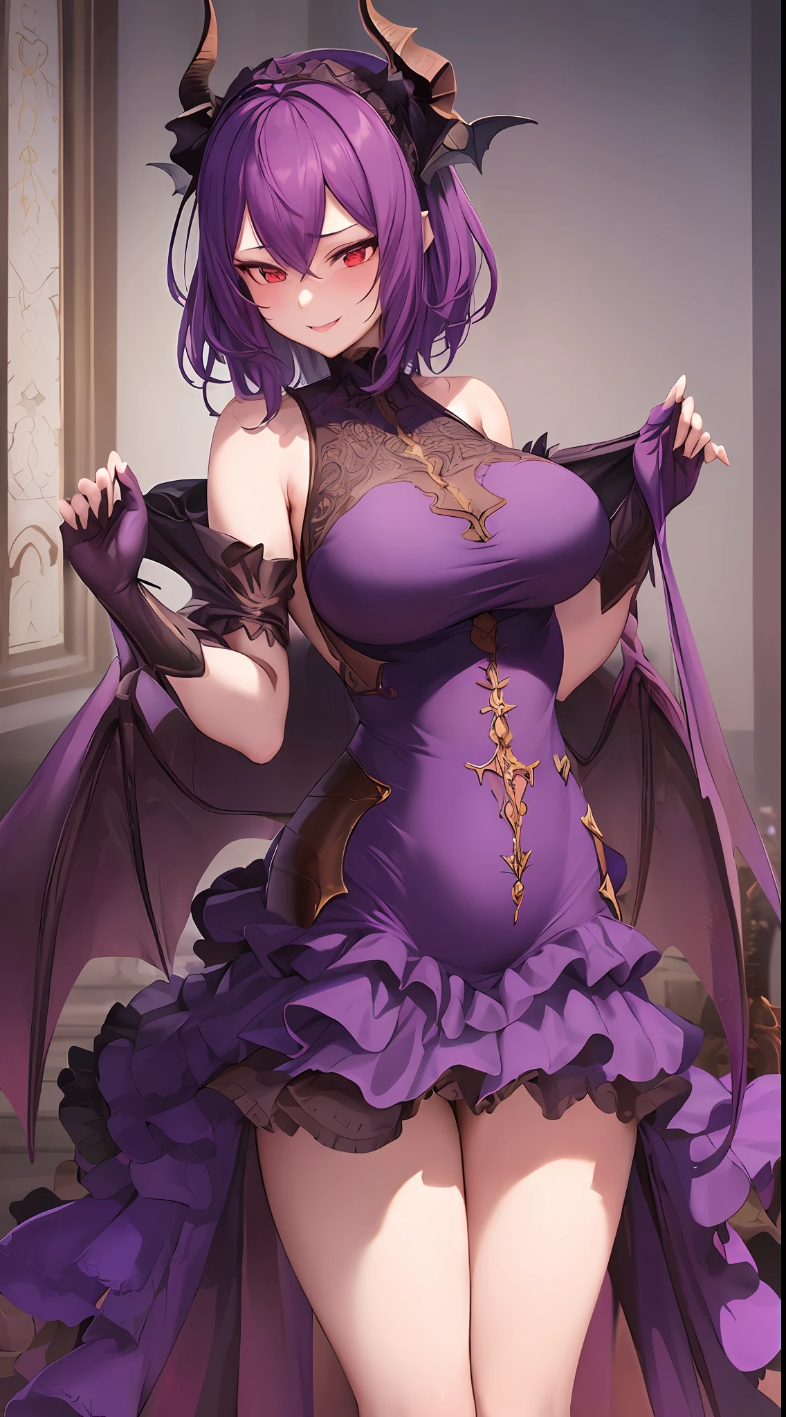 Masterpiece, Best Quality, high Quality, 1girl, dragon girl, long dress purple, long dress goth, dark purple hait, short hair, smile, nervous, stunning, bedroom, blushes, attractive, big breasts, wide hips, dragón tail, grea ( rage of Bahamut)