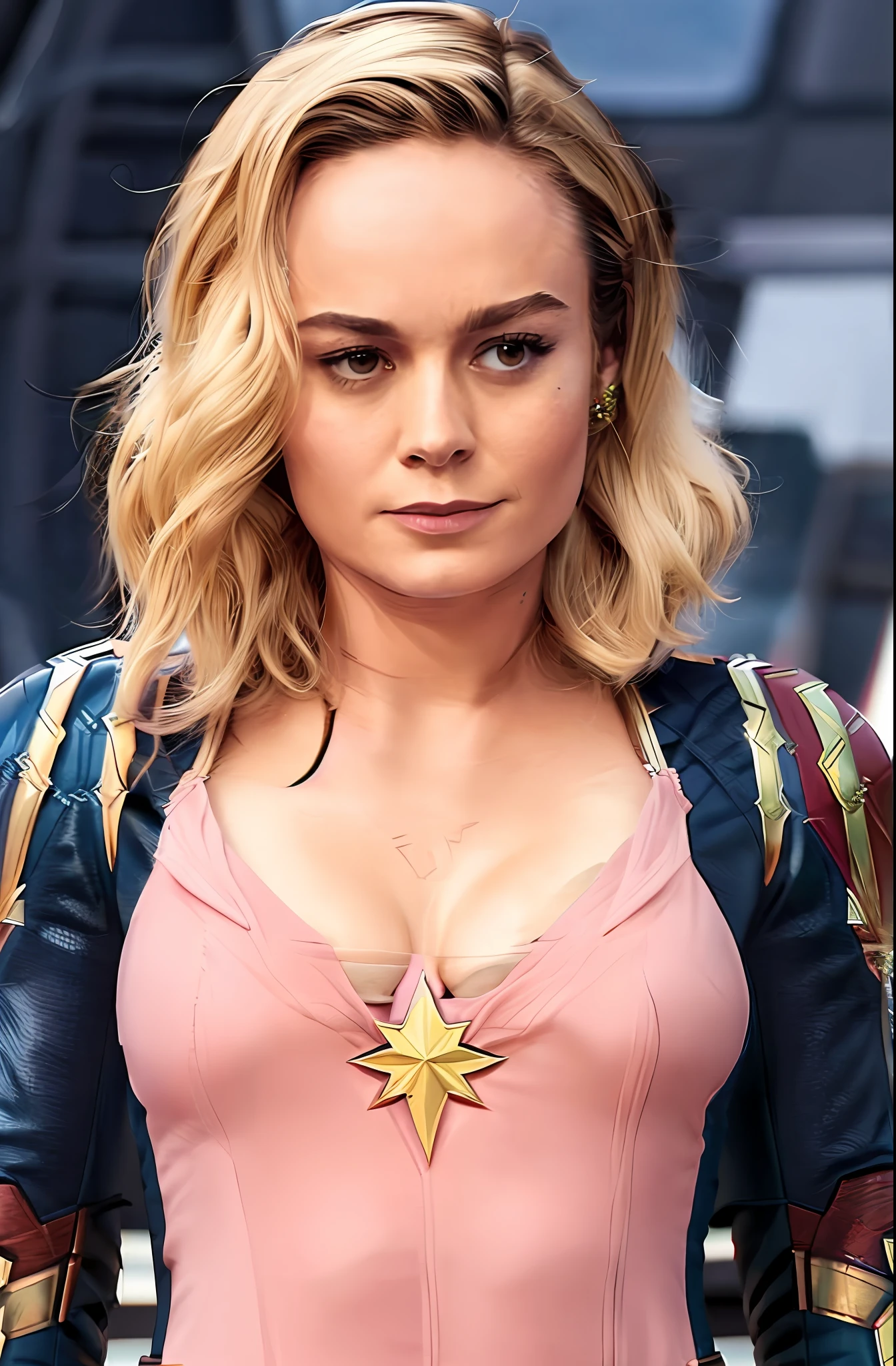 brie larson, medium hair, full body portrait, wearing captain marvel outfit, sexy, cleavage, breasts showing