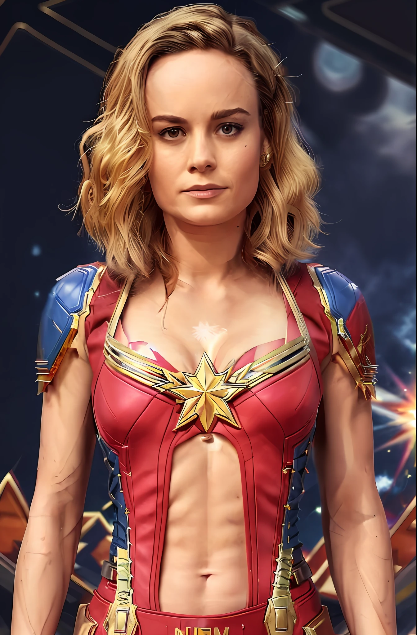 brie larson, medium hair, full body portrait, wearing captain marvel outfit, sexy, cleavage, breasts showing