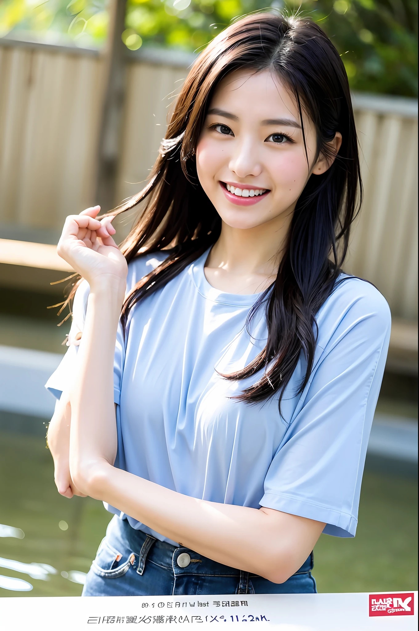 ( (8k: 1.27), dynamic, best quality, masterpiece, super high definition: 1.2) Pictures of cute Japan women, wet t-shirt, hands raised, standing on one leg, shirt sticking to the body, see-through, holding a hose with water out, realistic depiction of wet skin for the viewer, bursting smile, deep shades of the sun, best portrait, official photo book, Professional camera work