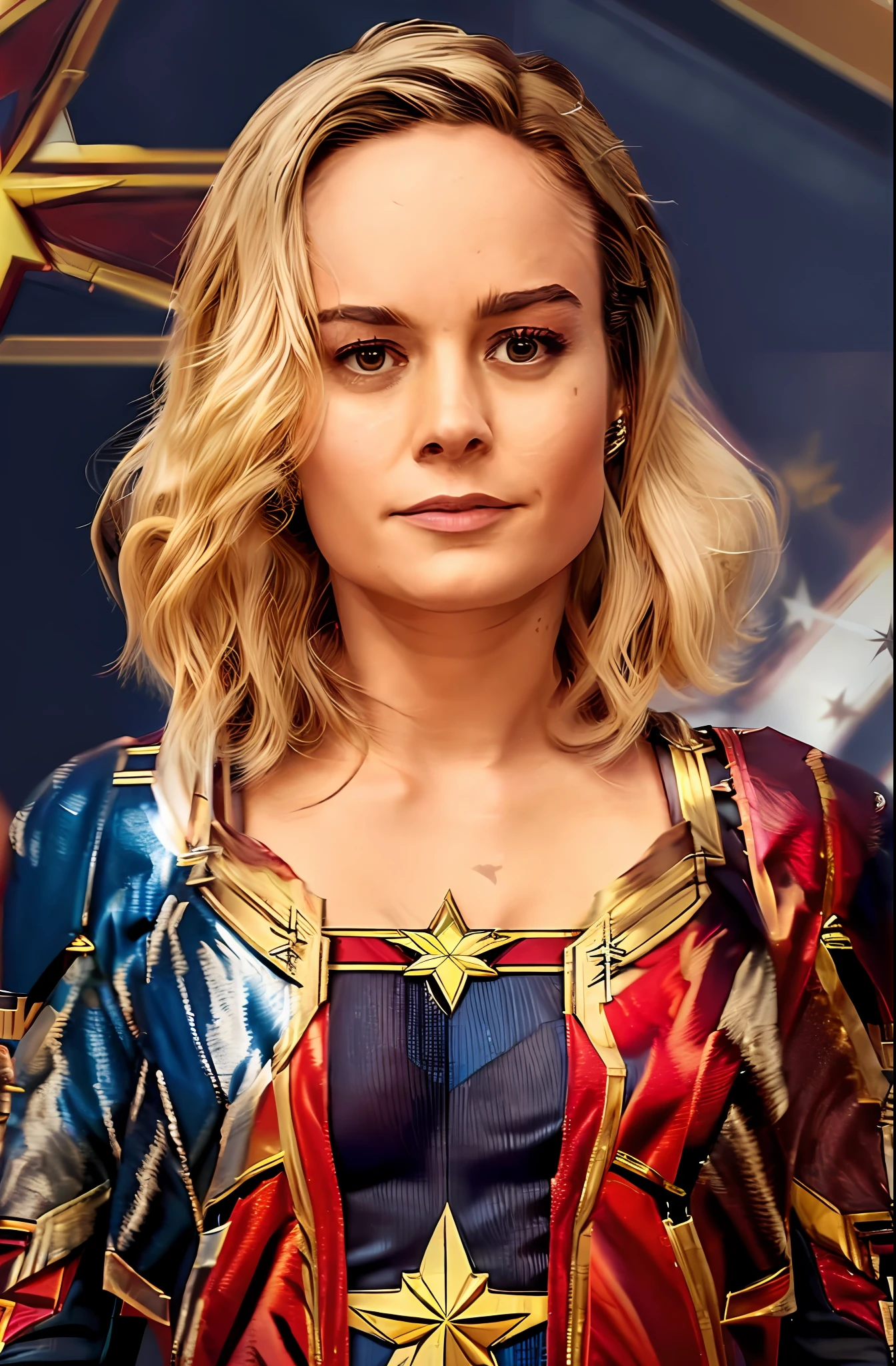 brie larson, medium hair, full body portrait, wearing captain marvel outfit, sexy, cleavage, breasts showing