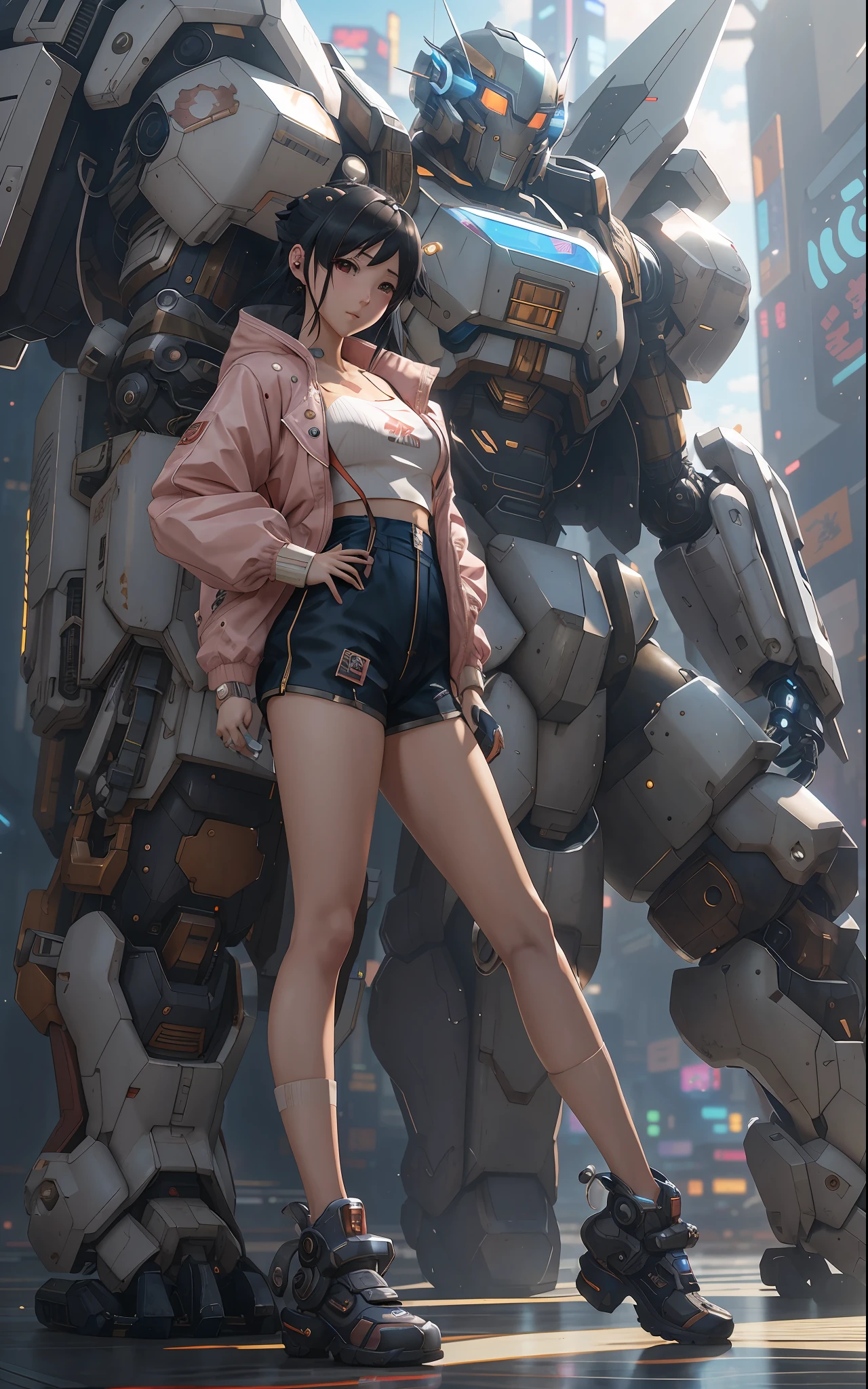 anime girl in short shorts and jacket standing next to giant robot, artwork in the style of guweiz, cyberpunk anime girl mech, trending on cgstation, guweiz, by Russell Dongjun Lu, digital cyberpunk anime art, ross tran 8 k, guweiz on artstation pixiv, girl in mecha cyber armor