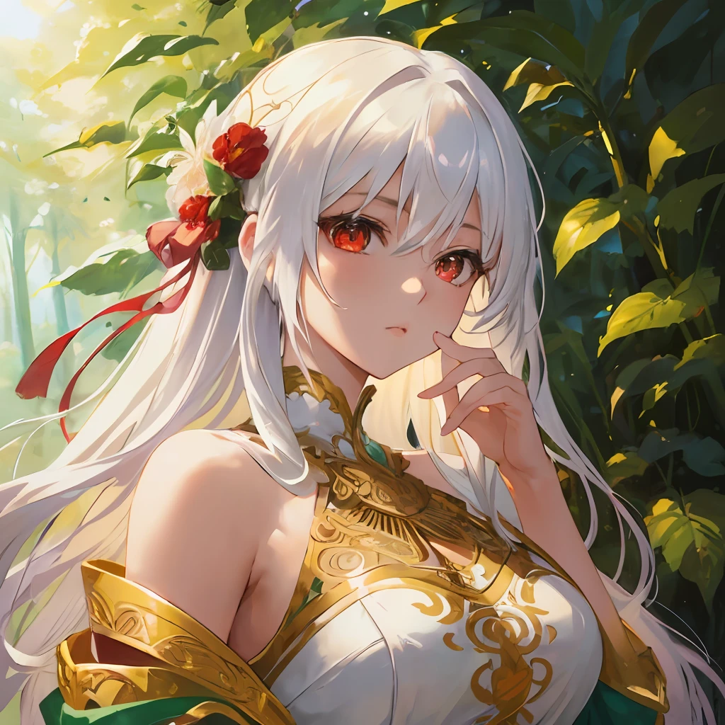 Inspired by (Artgerm's) masterful use of colors and styles, depict a mesmerizing scene featuring a girl with long white hair, light red eyes, and fair skin. Surround her with a lush and enchanting forest landscape, with vibrant shades of green and touches of floral colors. Use a combination of soft and bold lighting to create depth and dimension in the illustration. Incorporate intricate textures to bring out the beauty and intricacies of her hair, capturing the essence of (Artgerm's) attention to detail and artistic flair artstation.