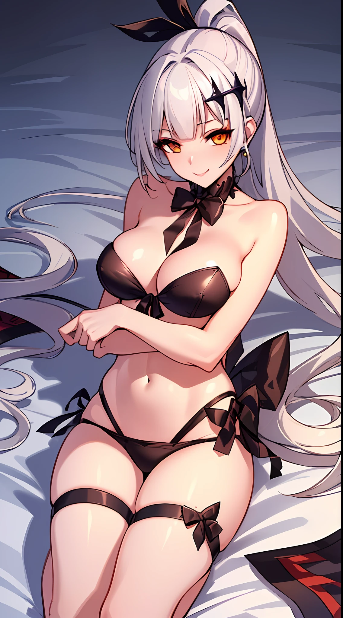 (extremely detailed 8k CG unit wallpaper), (masterpiece), (best quality), (ultra detailed), (best illustration), (best shadow), (sharp eyeliner), eye shadow, (detailed eyes: 1.2), (fivesevenSwimsuit:1), charming smile, 1 girl, long ponytail, sexy pose, (bed background), sexy body