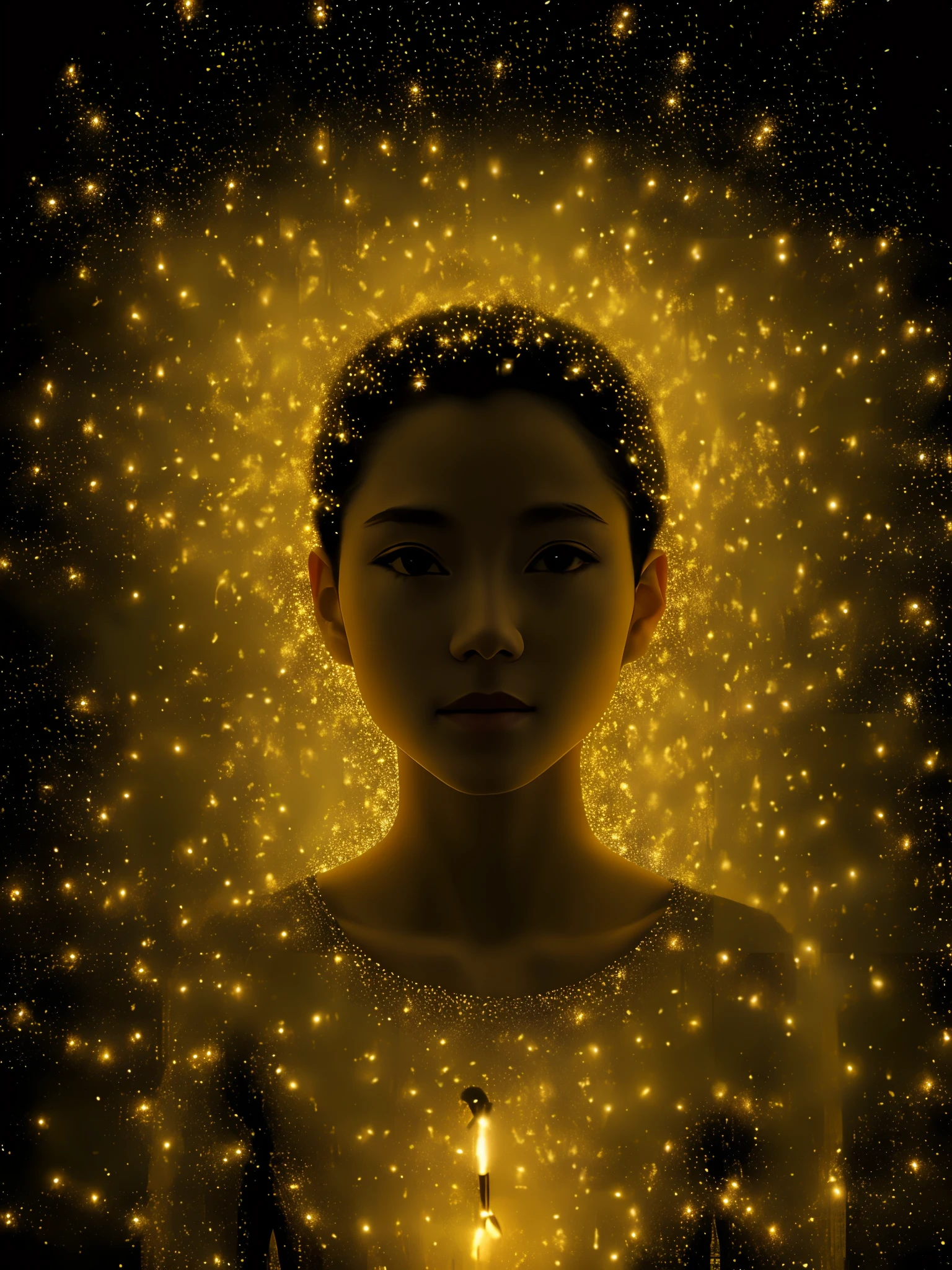 A person made of fireflies, surrounded by fireflies.