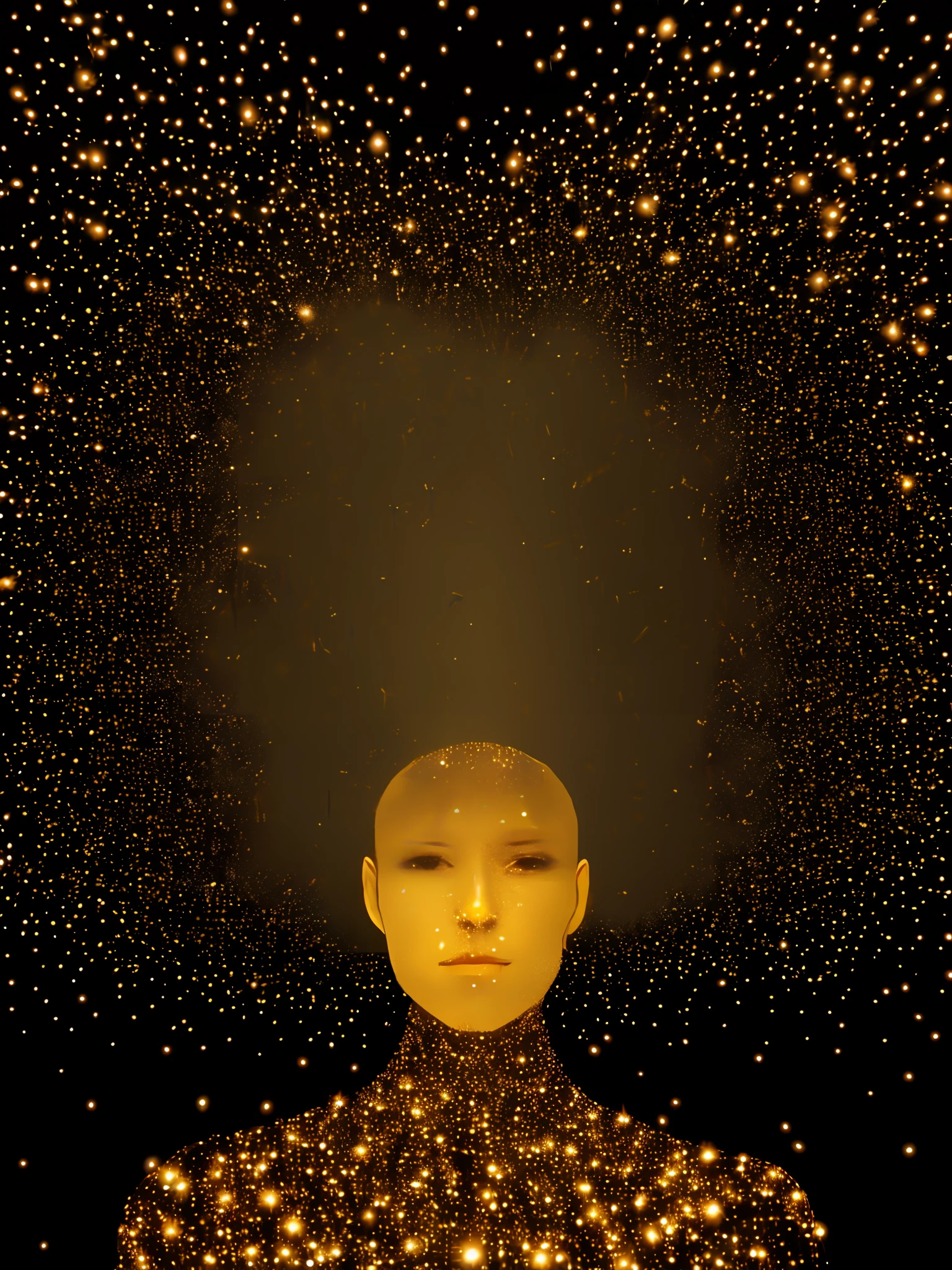 A person made of fireflies, surrounded by fireflies.