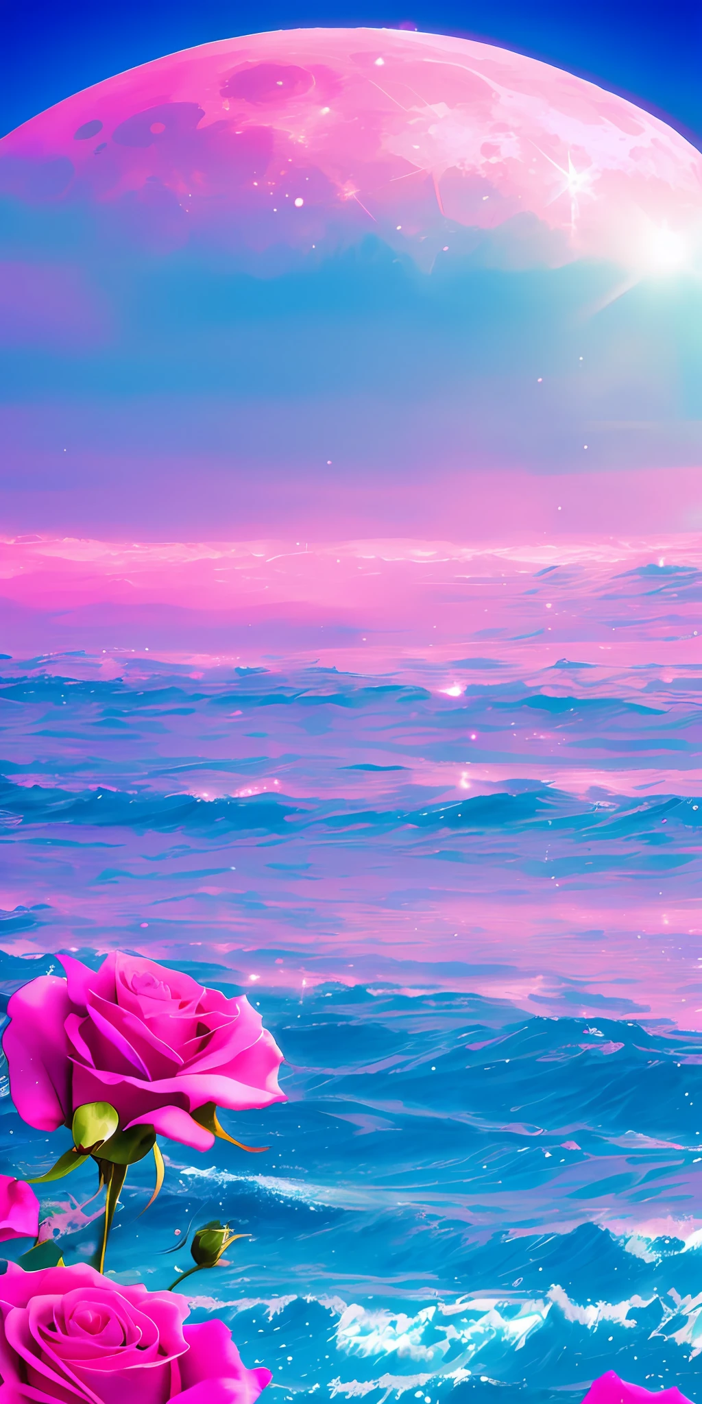 psychadelic Pink moon, psychadelic pink sky, psychadelic soft pink clouds, psychadelic pink ocean waves sparkling, sparkling, pink roses on pink ocean, fantasy, diamond, crown, universe, soft lights,