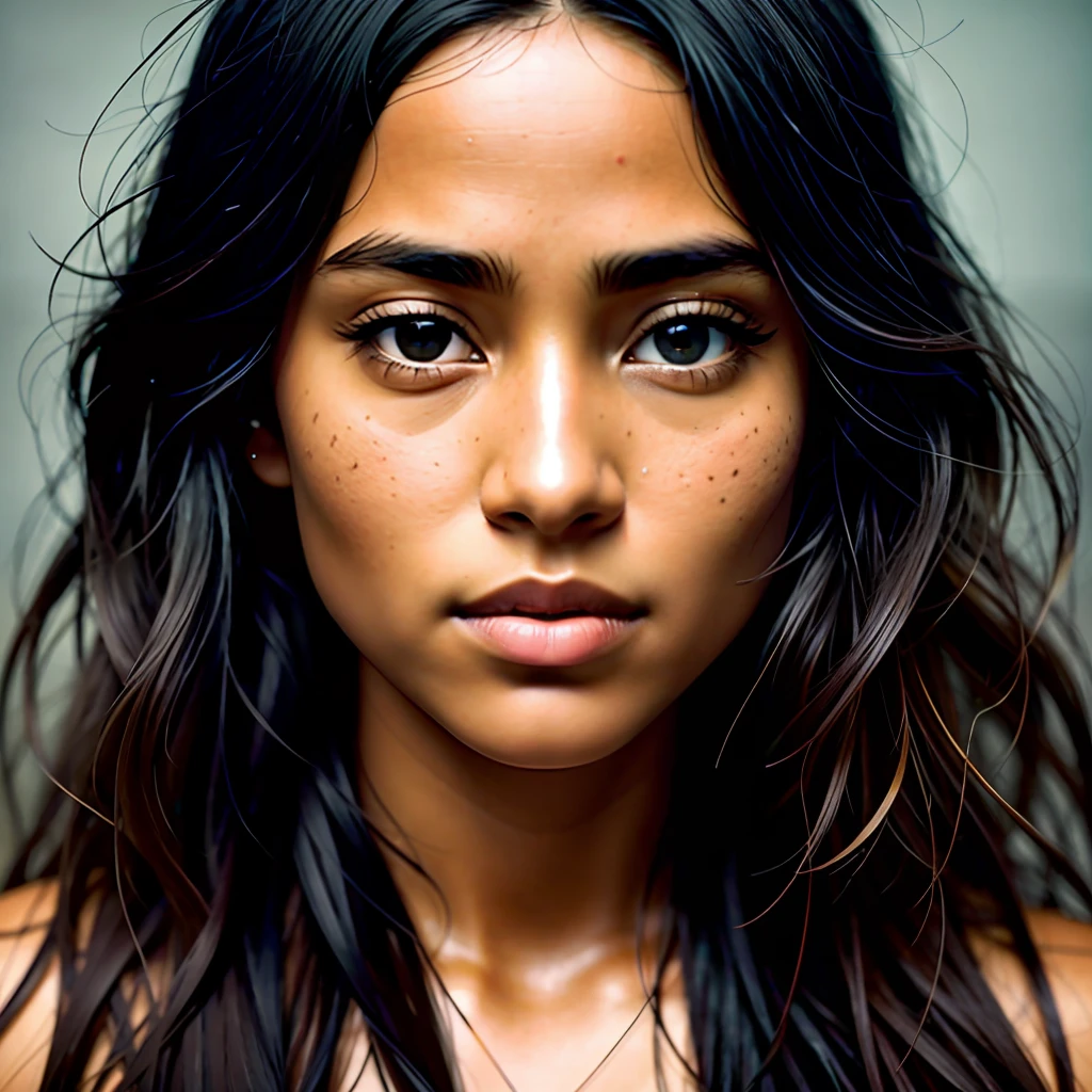 a photorealistic portrait of a stunningly beautiful tanned polynesian woman without light make-up, extremely detailed light green eyes, detailed symmetric realistic face, extremely detailed natural texture, peach fuzz, windy long hair, masterpiece, absurdres, award winning photo by lee jeffries, nikon d850 film stock photograph, kodak portra 400 camera f1.6 lens, extremely detailed, amazing, fine detail, rich colors, hyper realistic lifelike texture, dramatic lighting, unrealengine, trending on artstation, cinestill 800 tungsten, looking at the viewer, photo realistic, RAW photo, TanvirTamim, high quality, highres, sharp focus, extremely detailed, cinematic lighting, 8k uhd,-imagine -