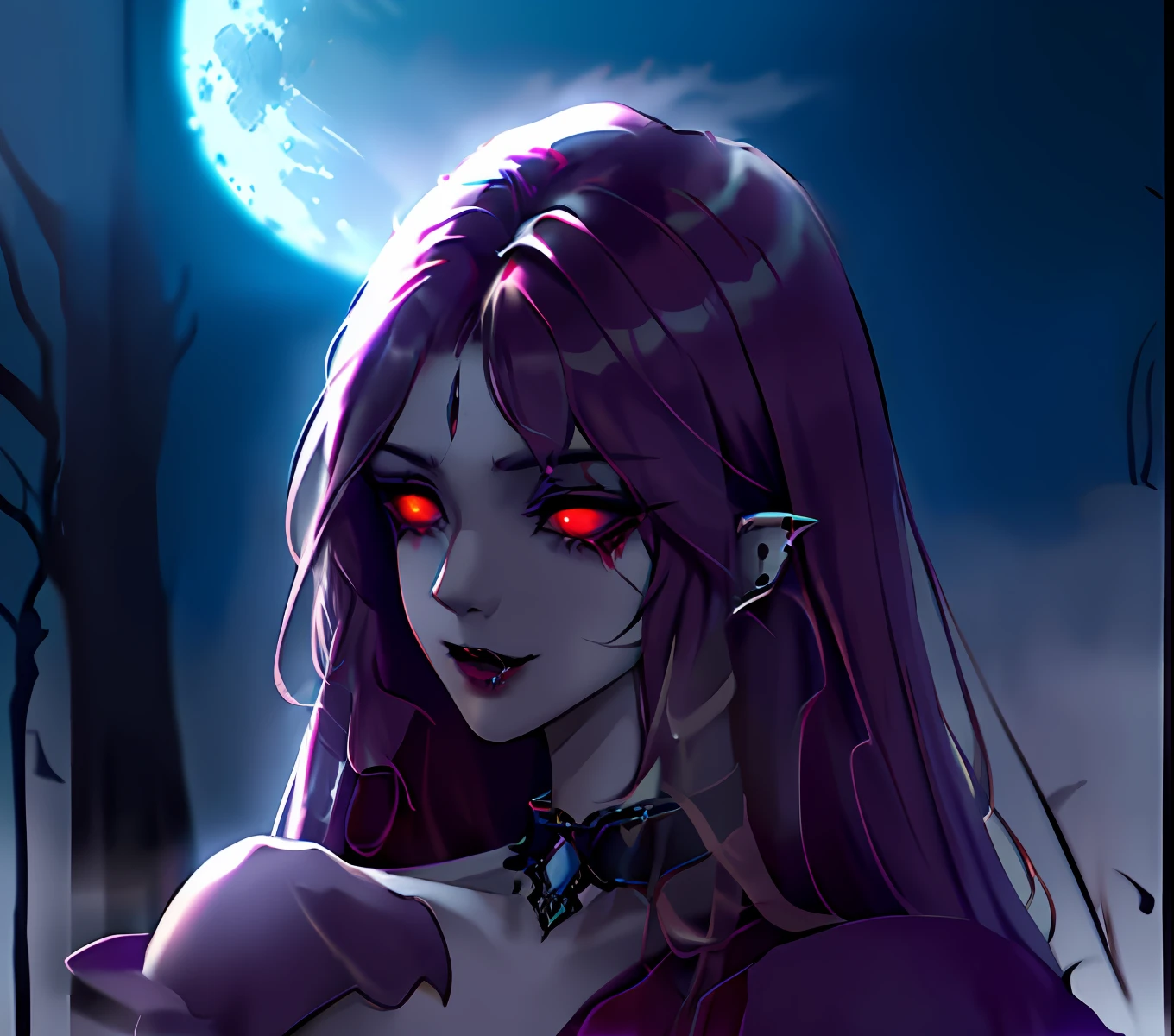 Create a supernatural vampire artwork in the style of Wlop. Depict an elegant vampire with pale skin, sharp fangs, and piercing eyes against a moonlit backdrop. Utilize Wlop's hyper-detailed style for the vampire's flowing hair and incorporate a rich color palette with deep tones and pops of intense red. Place the vampire in a Gothic-inspired castle and employ Wlop's mastery of lighting and ambiance to create a captivating atmosphere. Include a mist-covered forest or rugged mountains in the surrounding landscape to enhance the sense of mystery and foreboding.