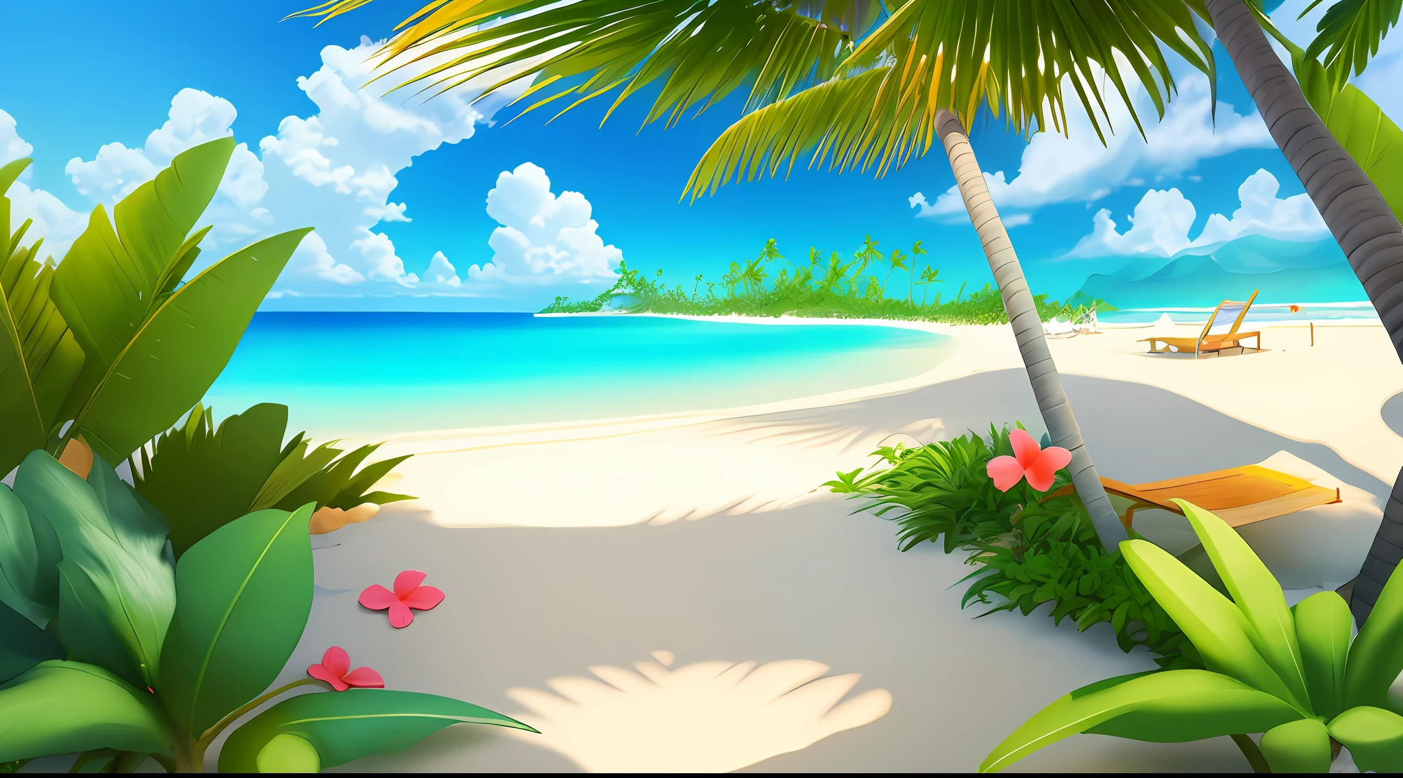 Draw a paradisiacal cartoon-style scene of a lush, relaxing tropical beach. The soft white sand extends as far as the eye