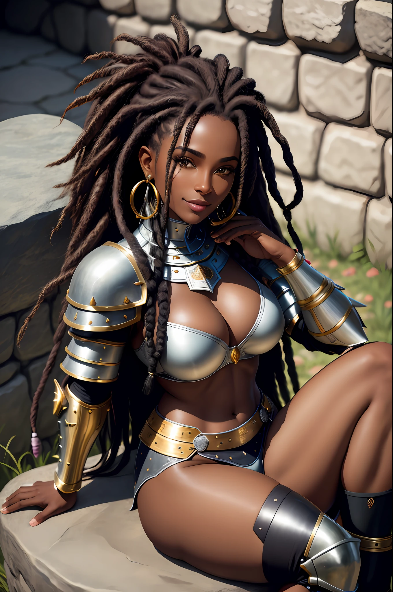 realistic portrait of cute mature African American woman ((dark skin color)) drinking beer, beer stein, cute smile, ((sitting on a stone wall)), wearing armor, long hair mega hair, dreadlocks, ((kanekalon)), background dark lighting, close-up, detailed facial details, perfect face, sharpness, trend art, sharp facial details, ultra high quality, line art, high fantasy, exquisite, 4k, 8k soft lighting, dreamy --iso 100