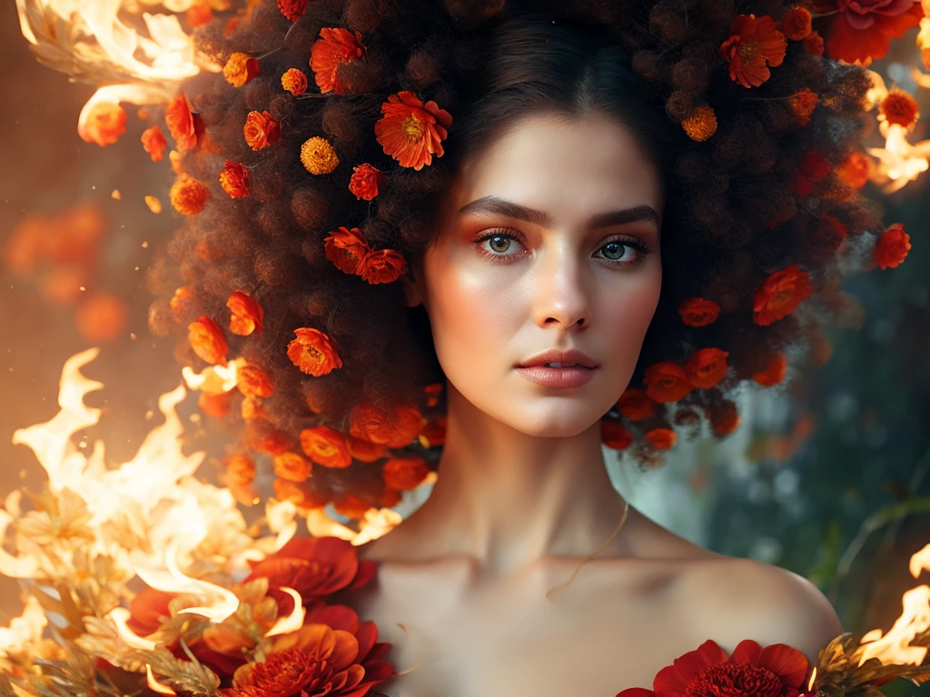 An ultra hd detailed painting of many different types of flowers by android jones, earnst haeckel, james jean. behance contest winner, generative art, baroque, intricate patterns, fractalism, movie still, photorealistic,Portrait of a beautiful woman surrounded by fire, portrait of beautiful young maiden, warhammer, some red water, the middle ages, highly detailed, artstation, illustration, sylvari portrait, 8 k quality, art by partick woodroof