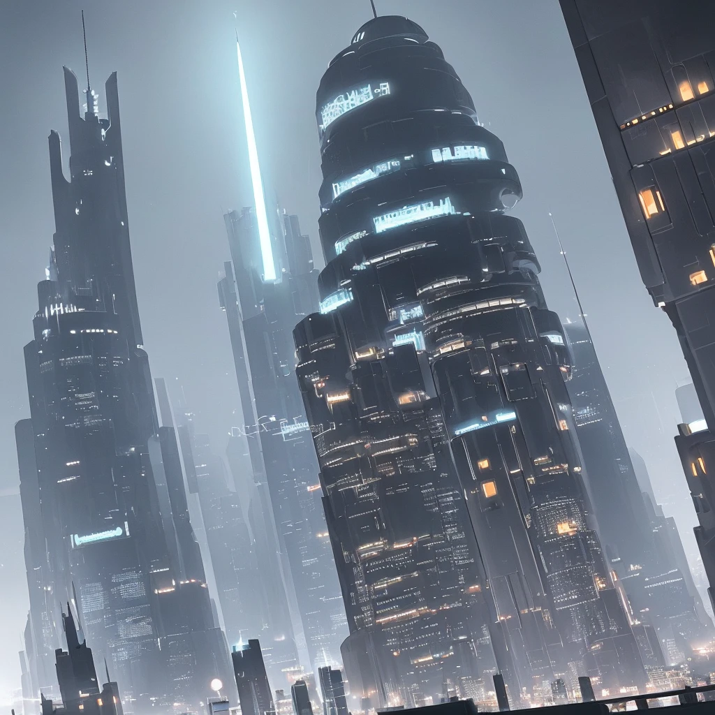 very tall spear-like tower with glowing tip, in the middle of a ring-shaped city island, dark grey colorscheme, futuristic modern city, cyberpunk city, night sky, dark