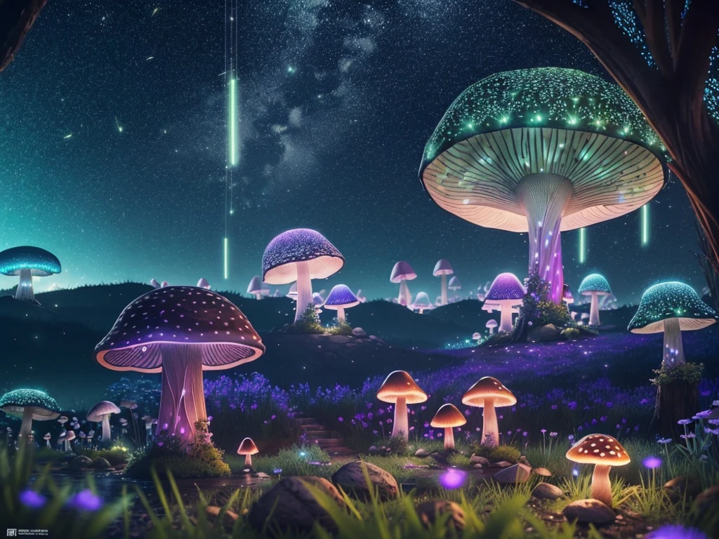 (high detail: 1.2), (best quality: 1.2), 8k, sharp focus, (subsurface scattering: 1.1) (glowing magic bioluminescent mushrooms: 1.2), psychedelic magic particles in the air, (neon lights at night Bioluminescent Mushroom Forest: 1.2), (Magical Fireflies: 1.2) (Very Detailed Trees and Rocks and Moss: 1.2), (Very Detailed Backgrounds: 1.3), RPG, Elden Ring Style, (Fantasy: 1.3), ( surrealism: 1.2), film lighting, very detailed, artstation, smooth, sharp focus, artgerm, greg rutkowski, alphonse mucha, editor's pickup, trends on artstation, trends on deviantart, wlop --v 6