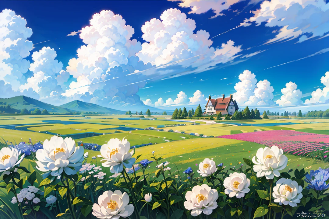 Realistic, authentic, beautiful and amazing landscape oil painting Studio Ghibli Hayao Miyazaki's petal grassland with blue sky and white clouds --v6