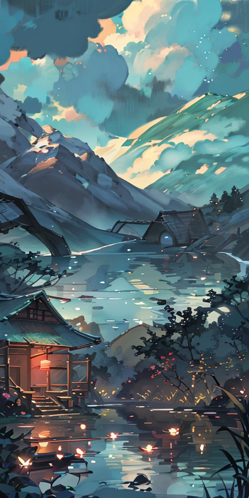 Chinese ancient times, spring, jungle, lake, cave, waterfall, tree, meadow, rock, deer, hot spring, water vapor, (illustration: 1.0), epic composition, realistic lighting, HD details, masterpiece, best quality, (very detailed CG unified 8k wallpaper) --v 6