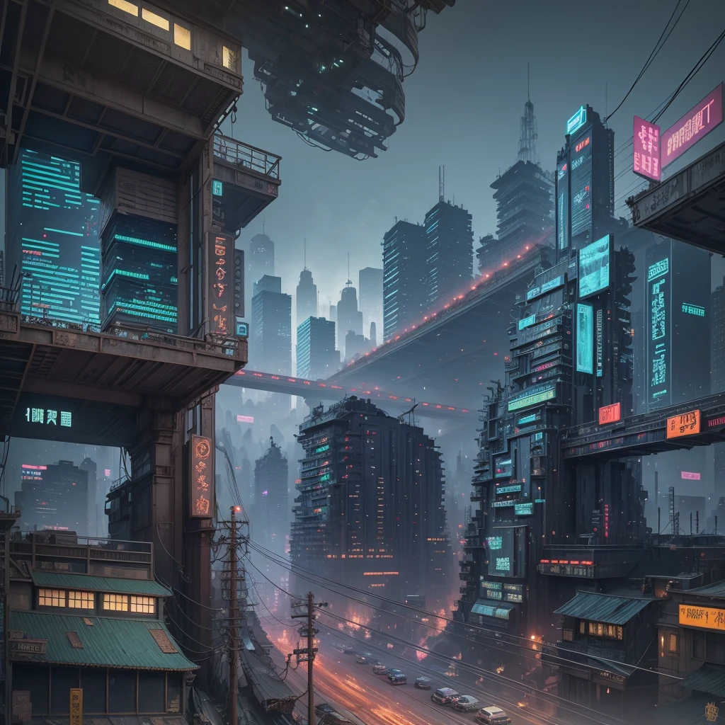 Cyberpunk city from sci-fi movie, wasteland, empty street, night, chinoiserie architecture, bridge, old shop, irregular, circuit board, wires, intricate, ultra detailed, realistic, hyper realistic, high quality, best , Super Detail, Crazy Detail, Very Detailed, Photorealistic, Epic Composition, Best Quality, 32k --v 6