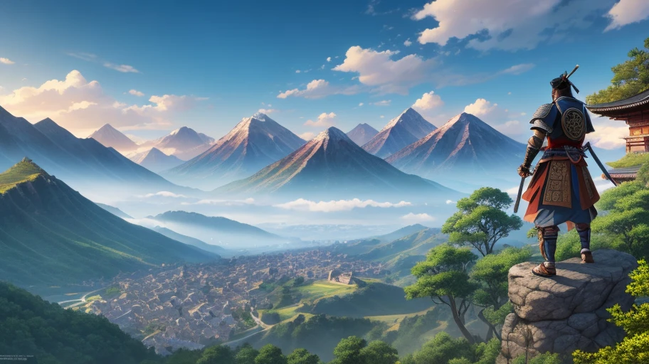 Masterpiece, best quality, (8k wallpaper of very detailed CG unit) (best quality), (best illustration), samurai on a cliff, watching a small town in the distance, mountains, trees, blue sky, --v6