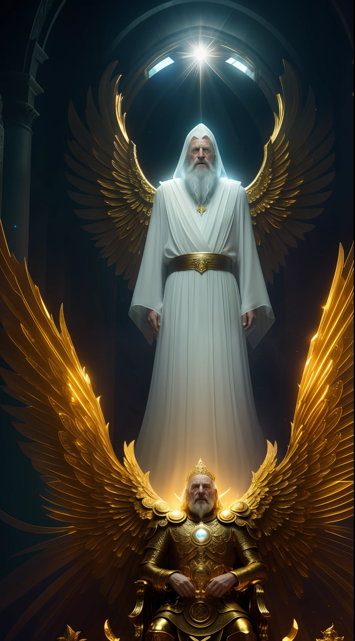 super high resolution, best quality, photo, 8k, (photorealistic: 1.2), cinematic lighting, An old man shaped like a fantz wlop, giant man with beard in bright white robes and floating on the crystal throne floating on crystal clouds, yellow eyes, bright yellow light emitted from the throne, precious stones floating in the sky, God, with beams of light enveloping his body, with large translucent, feathered wings on the crystal throne, wings are open, golden light (halo:1.2) over your head, abdominal muscles dressed in medieval golden armor, beard, masculine, dark, masterpiece, best quality, intricate details, snow environment and crystals in the background, crystal cathedral, portal of the future, 3D light, HD, magic, god of light, backlighting, detailed face, DREAD, depth of field, soft lighting, tone mapped, highly detailed, concept art, smooth, sharp focus, dramatic lighting, highly detailed art, cinematic, 8K, amazing shadows (highly detailed background: 1.2)