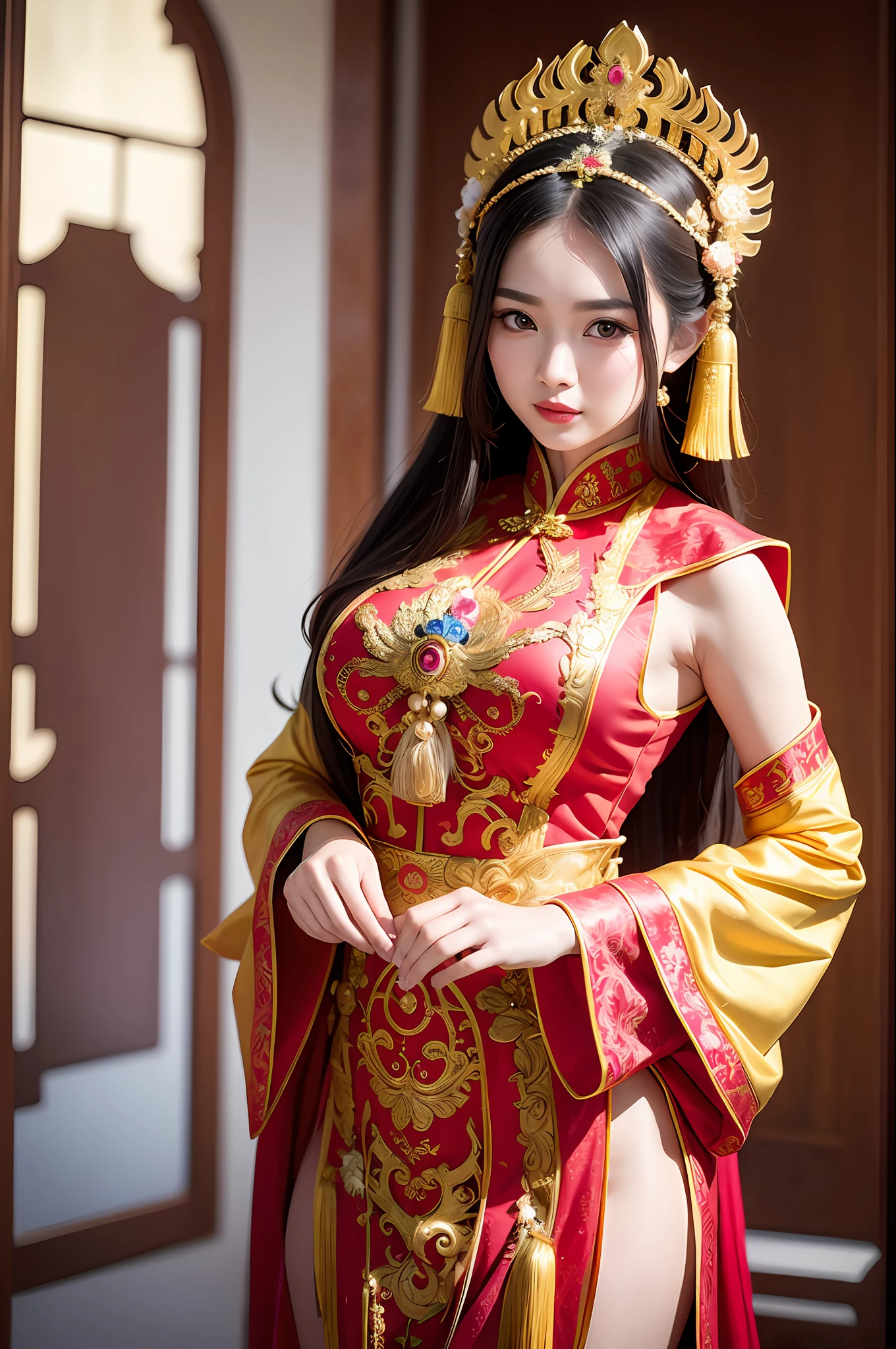 (8k, RAW photo, best quality, masterpiece:1.2), (realistic, photo-realistic:1.37),1girl,araffe woman in a colorful dress and headdress posing for a picture, ornate cosplay, beautiful costume, intricate fantasy dress, a beautiful fantasy empress, chinese dress, intricate dress, intricate outfit, traditional beauty, gorgeous chinese model, chinese costume, inspired by Lan Ying, wearing an ornate outfit, traditional tai costume, inspired by Pu Hua, wearing an elegant tribal outfit