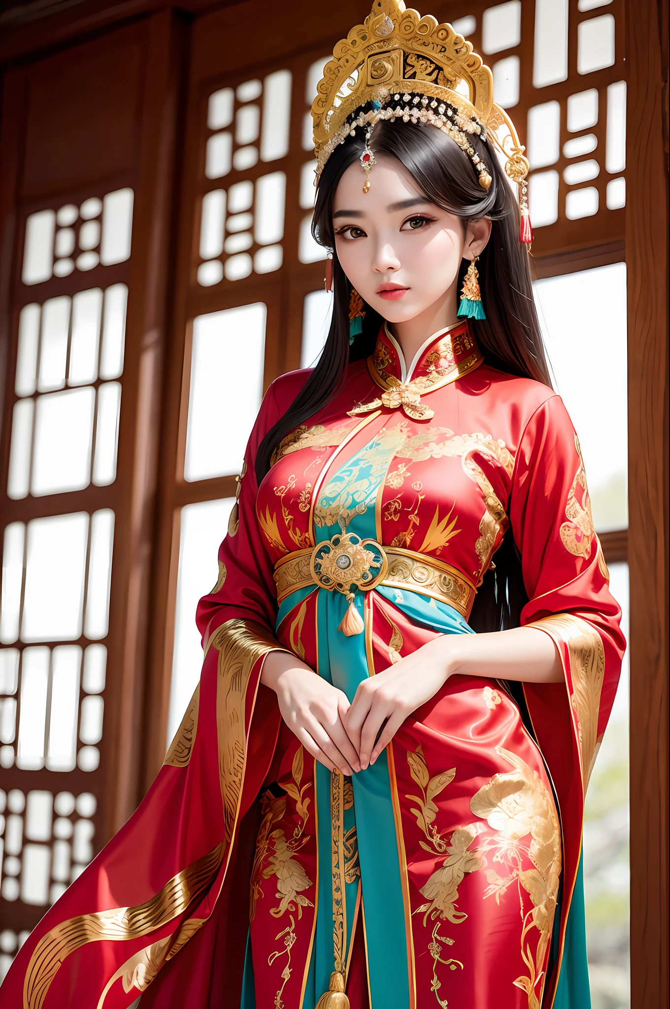 (8k, RAW photo, best quality, masterpiece:1.2), (realistic, photo-realistic:1.37),1girl,araffe woman in a colorful dress and headdress posing for a picture, ornate cosplay, beautiful costume, intricate fantasy dress, a beautiful fantasy empress, chinese dress, intricate dress, intricate outfit, traditional beauty, gorgeous chinese model, chinese costume, inspired by Lan Ying, wearing an ornate outfit, traditional tai costume, inspired by Pu Hua, wearing an elegant tribal outfit