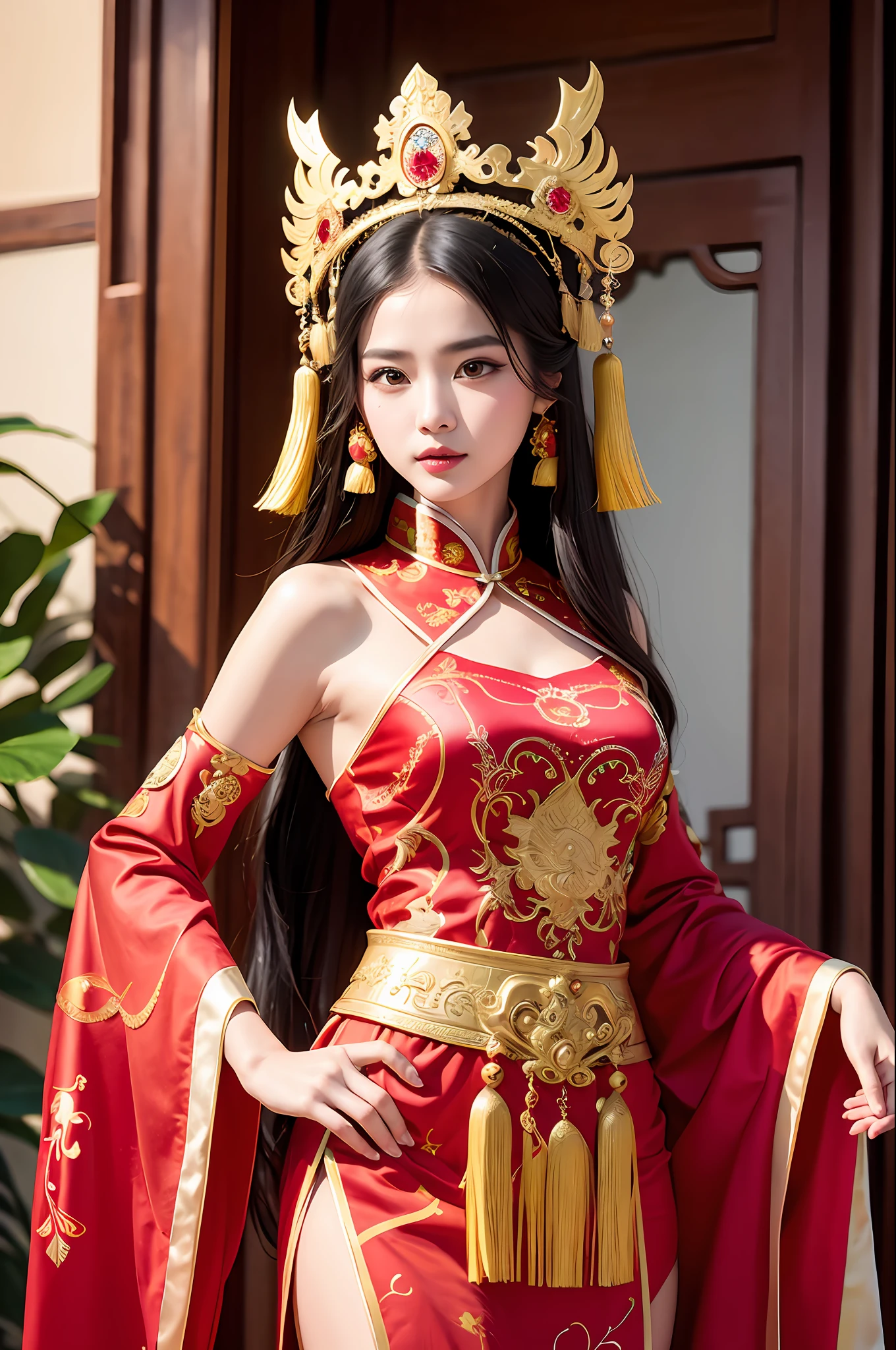 (8k, RAW photo, best quality, masterpiece:1.2), (realistic, photo-realistic:1.37),1girl,araffe woman in a colorful dress and headdress posing for a picture, ornate cosplay, beautiful costume, intricate fantasy dress, a beautiful fantasy empress, chinese dress, intricate dress, intricate outfit, traditional beauty, gorgeous chinese model, chinese costume, inspired by Lan Ying, wearing an ornate outfit, traditional tai costume, inspired by Pu Hua, wearing an elegant tribal outfit