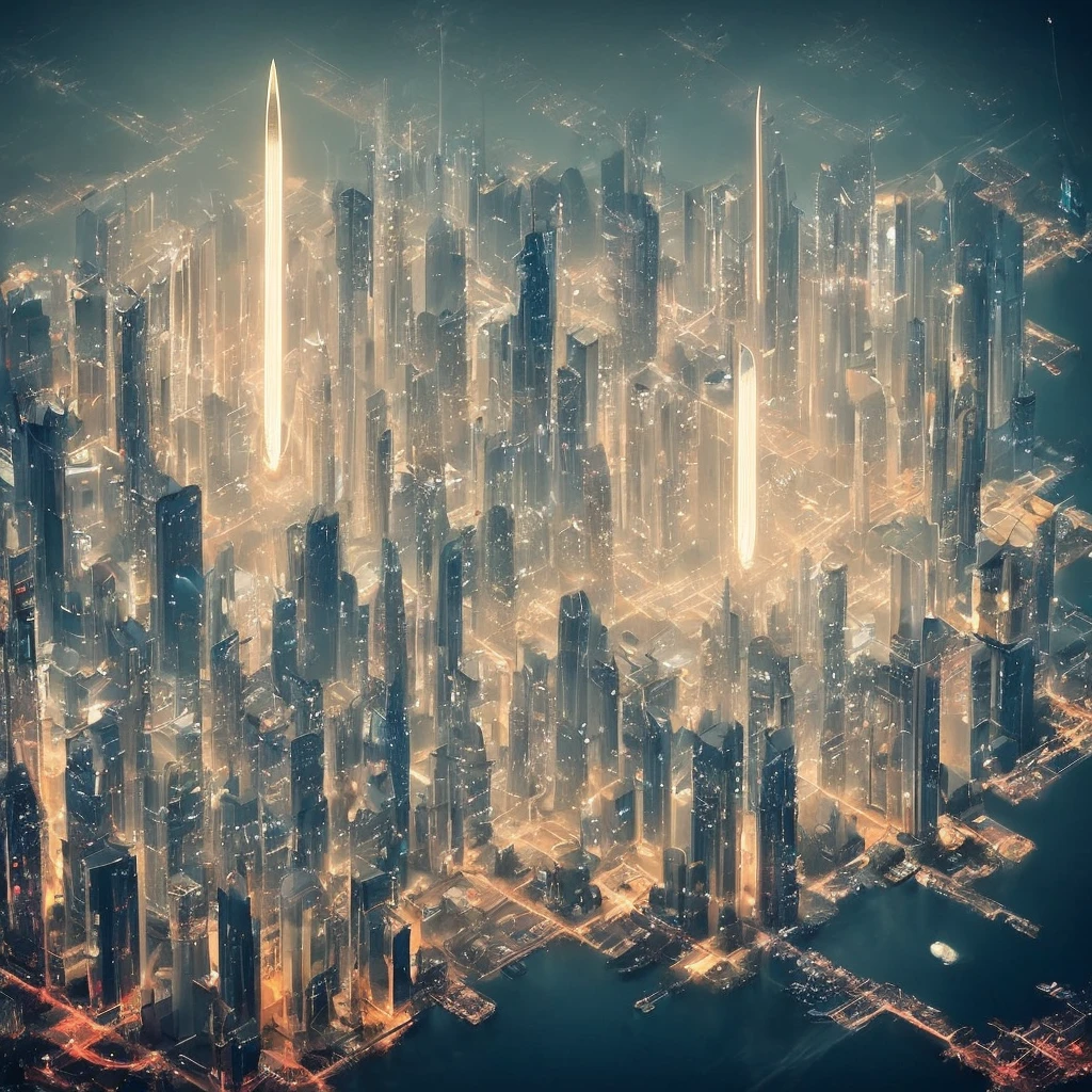 very tall spear-like tower with a glowing golden peak, in the middle of a ring-shaped city island dwarfing the surrounding buildings, dark grey colorscheme, futuristic modern city, cyberpunk city, night sky, dark