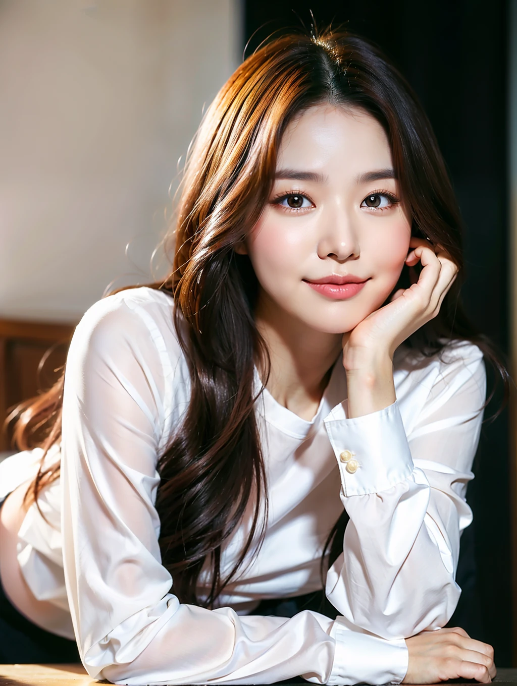 Lifelike photos of (No. 1 cute Korean actress) Long hair, smooth face, light makeup, medium breasts. Wearing a white long sleeve shirt, and black skirt, Little Smile, Canon EOS 35mm Lens 8K high-resolution face, crisp and realistic details Close up