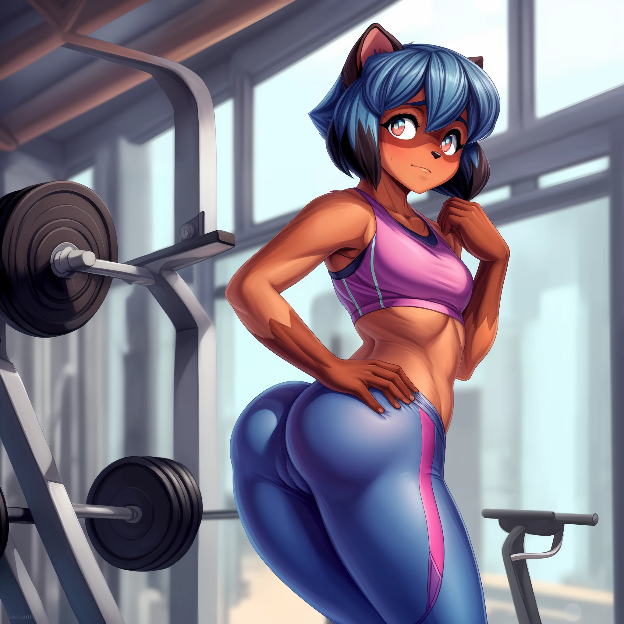 "1 solo girl, fur Michiru Kagemori showing off her butt in a very tight, modern and anatomically correct gym outfit. SFW and shy, with a sigh that comes to life in a high-resolution, high-detail 4K image."