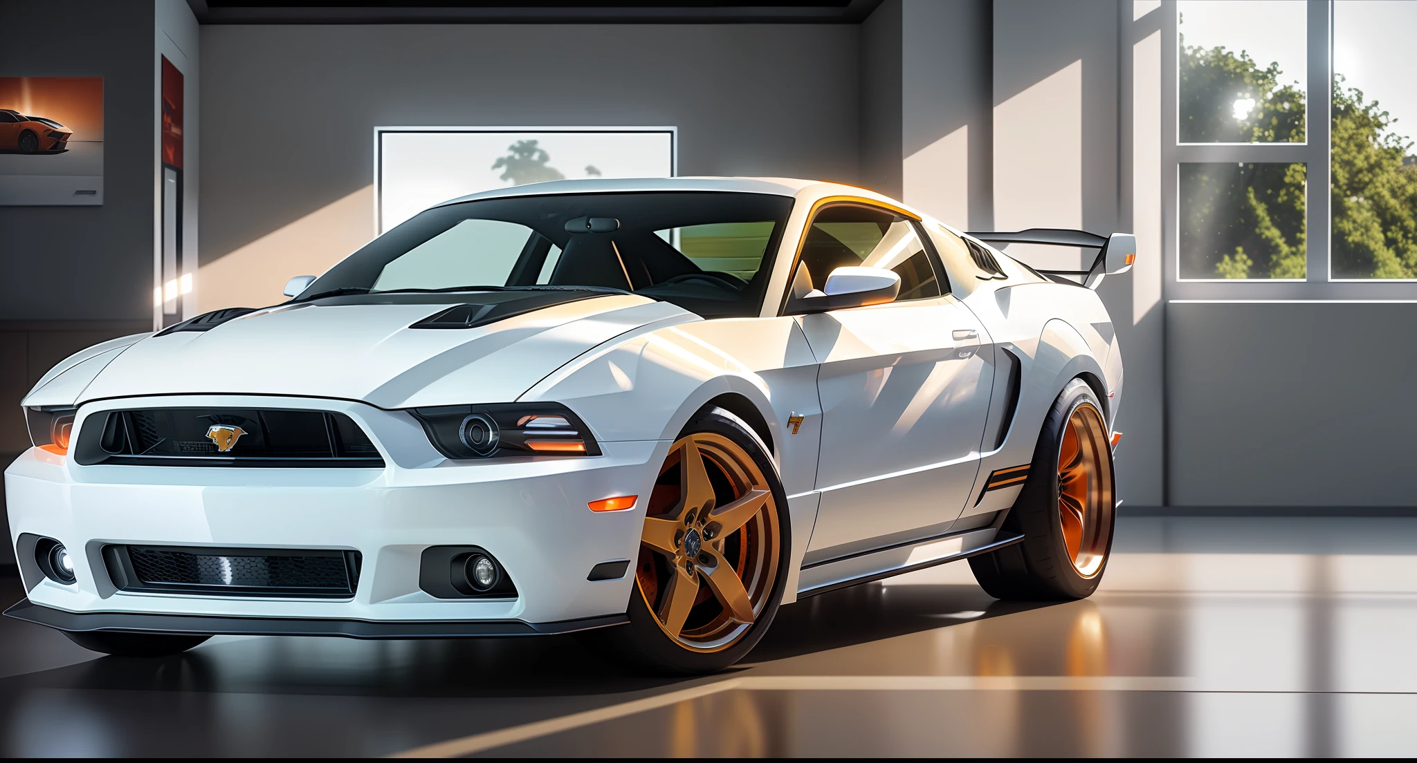 (masterpiece)+, (Best Quality)+, (Intricate Detail)+, design me a ford mustang and lamborghini diablo mashup car, white  paint with orange highlights, showroom concept, lens flare, camera artefact, professional photographer, 4k, HDR, longitudinal symmetry