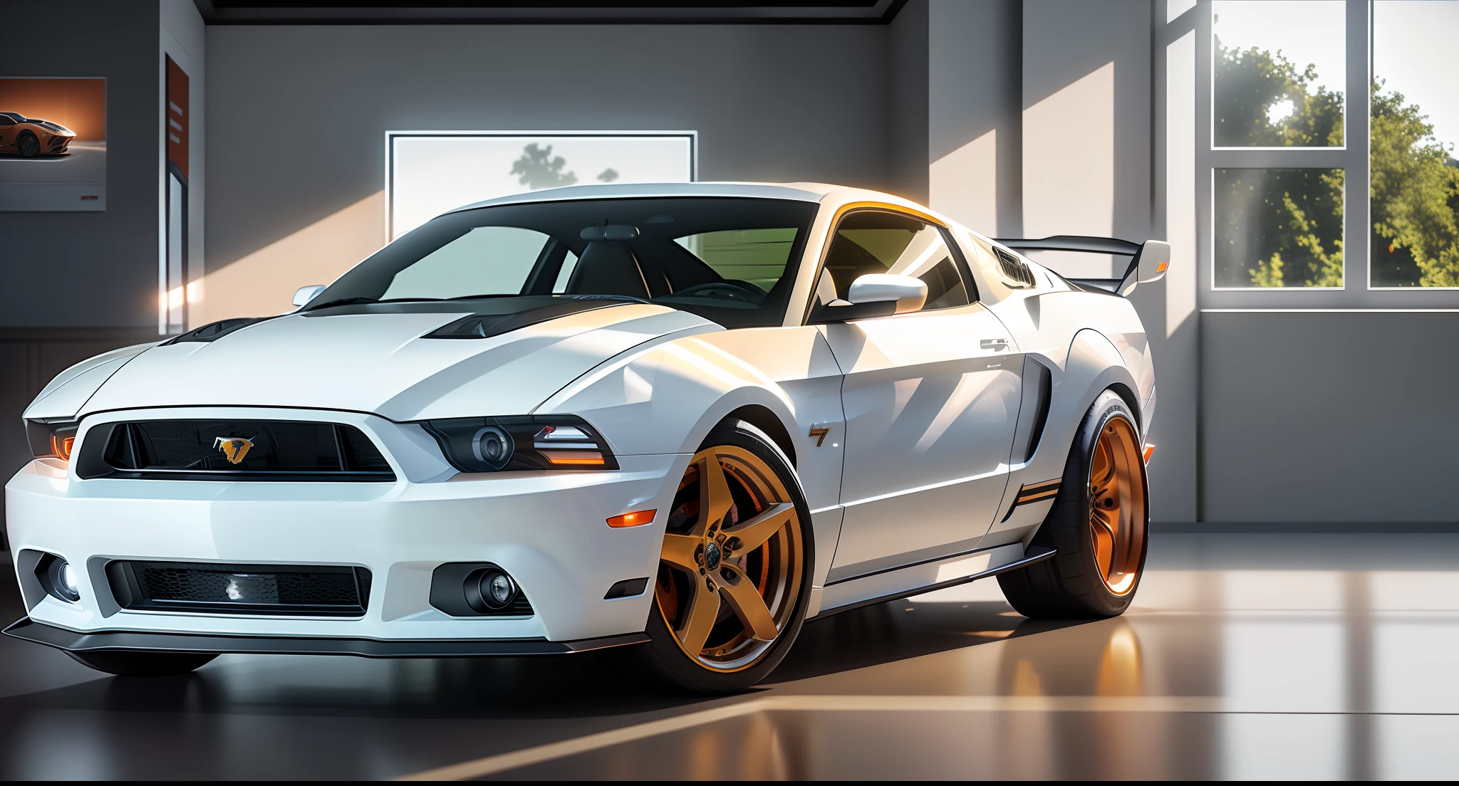 (masterpiece)+, (Best Quality)+, (Intricate Detail)+, design me a ford mustang and lamborghini diablo mashup car, white paint with orange highlights, showroom concept, lens flare, camera artefact, professional photographer, 4k, HDR, longitudinal symmetry