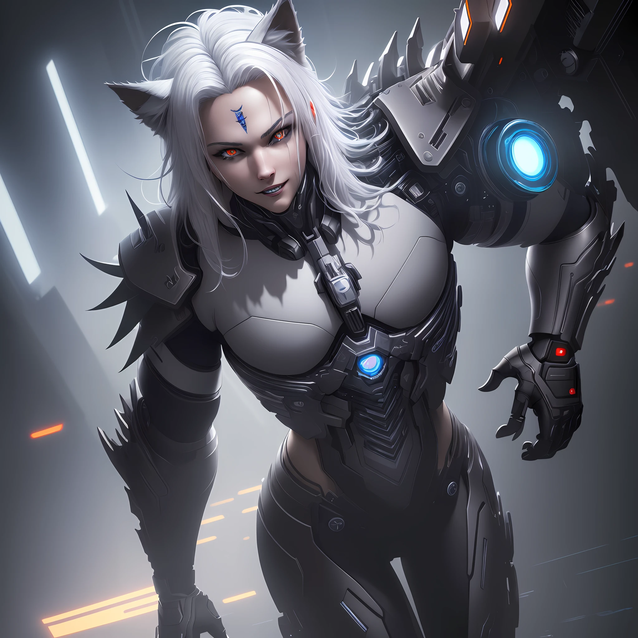 (masterpiece), the best quality, (CG 8k extremely detailed unified wallpaper), (the best quality), (the best illustration), (the best shadow), full-body shot, a cyberpunk wolf, with steel teeth, hyperrealistic, white hair with blue details, (empty background1.4)