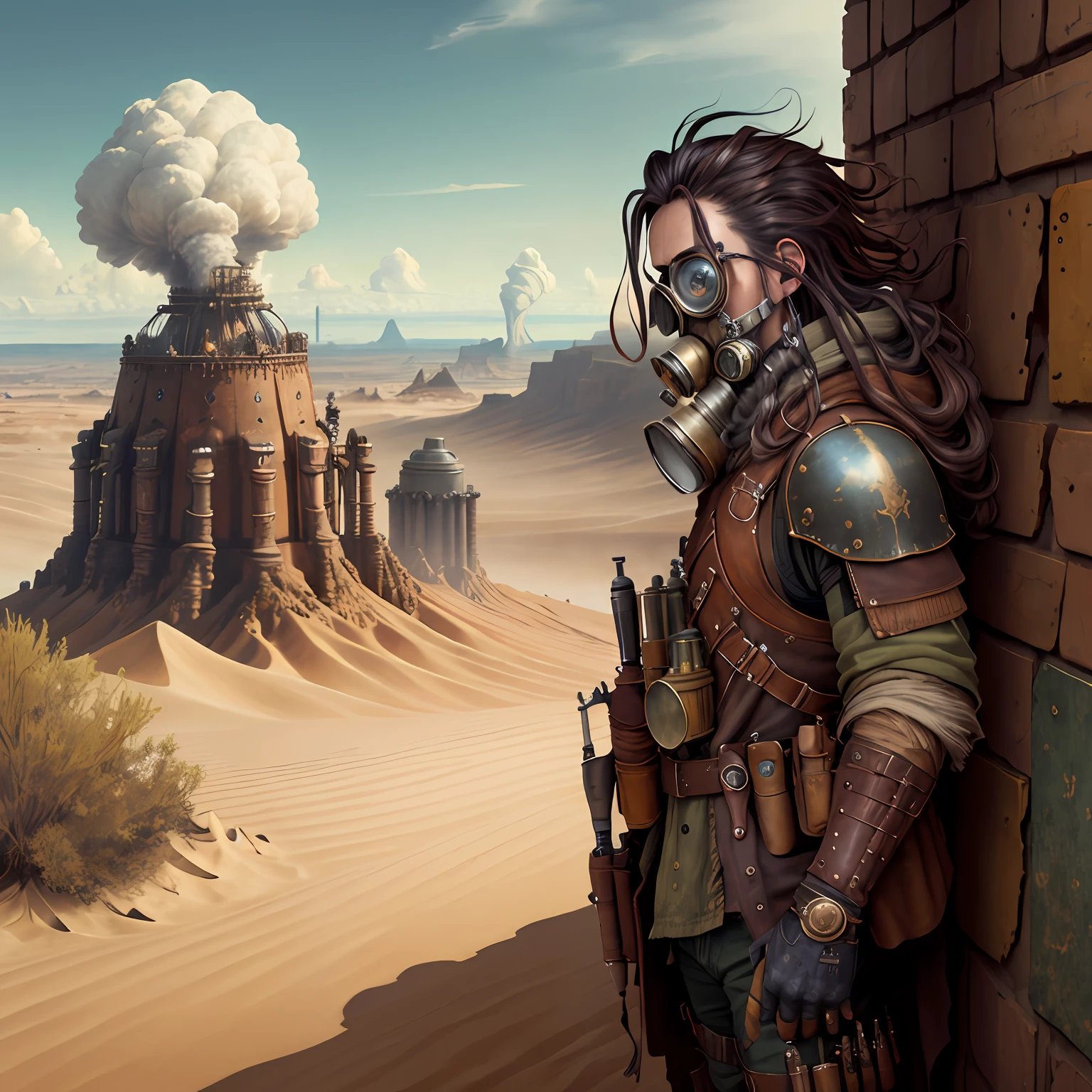 scenery steam punk, wallpaper, 4k, dune-inspired, masterpiece, painting, hyper realistic, character with gas mask, long hair, gun in hand, leather armor,