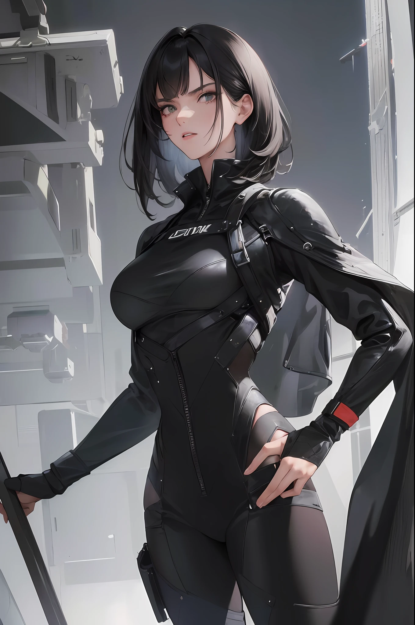 (higher resolution, distinct image) Best quality, masterpiece of a woman, highly detailed, semi-realistic, short black hair, black hair, bangs, 20 years, , tall and strong, fair black, black flight suit, spaceship background, cold, serious, tall and beautiful, authoritative, powerful, exquisite facial features, exquisite facial features