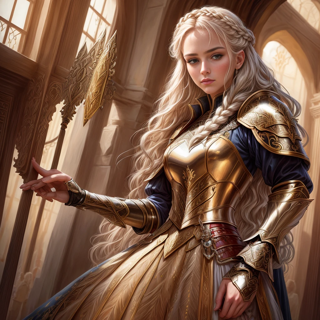 ((Fantasy Setting)), ((Natural Light)), ((Hand Painted Style)), good hands, clear eyes, sharp pupils, 5fingers, natural hair color, armor, sword, long hair, braided hair, dashing lady royal guard captain, award photography, intricate, detailed, stunning, fine details, highly detailed person, sensual, evocative, extremely detailed eyes and face, extremely detailed armor, trees