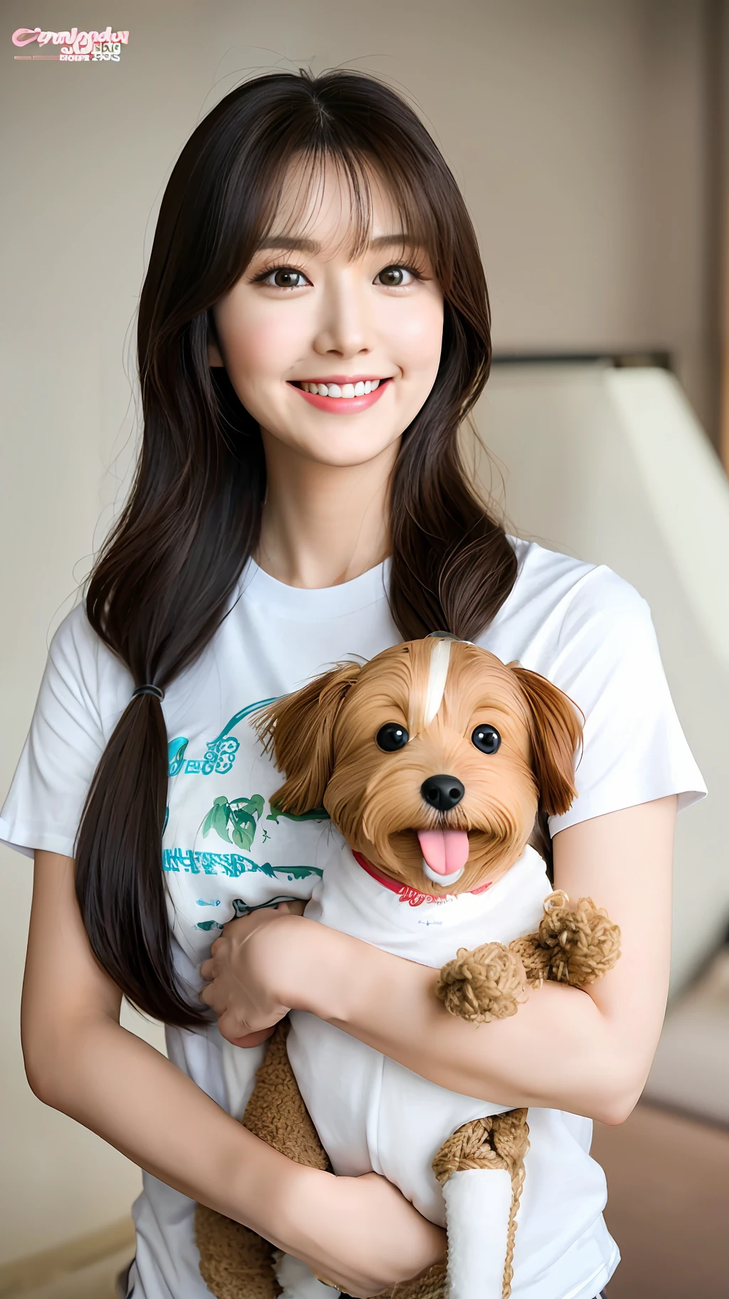 Lifelike photos of (No. 1 cute Korean actress) tied hair, smooth face, light makeup, medium breasts. Wearing t-shirt, in the room, hugging dog doll, Little Smile, Canon EOS 35mm Lens 8K high-resolution face, crisp and realistic details Close up