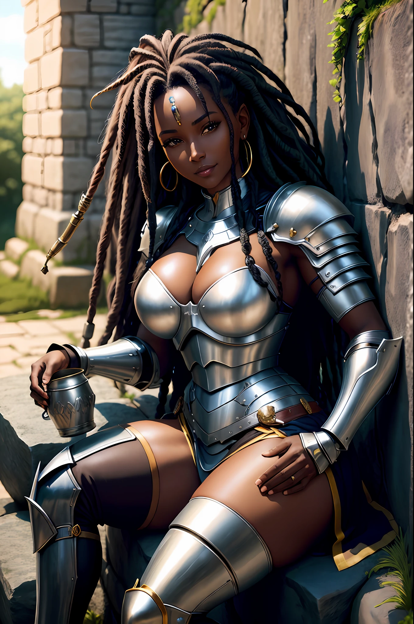 realistic portrait of cute mature African American woman ((dark skin color)) drinking beer, beer stein, beer mug, cute smile, ((sitting on a stone wall)), wearing armor, long hair mega hair, dreadlocks, ((kanekalon)), background dark lighting, close-up, detailed facial details, perfect face, sharpness, trend art, sharp facial details, ultra high quality, line art, high fantasy, exquisite, 4k, 8k soft lighting, dreamy --iso 100, anime,