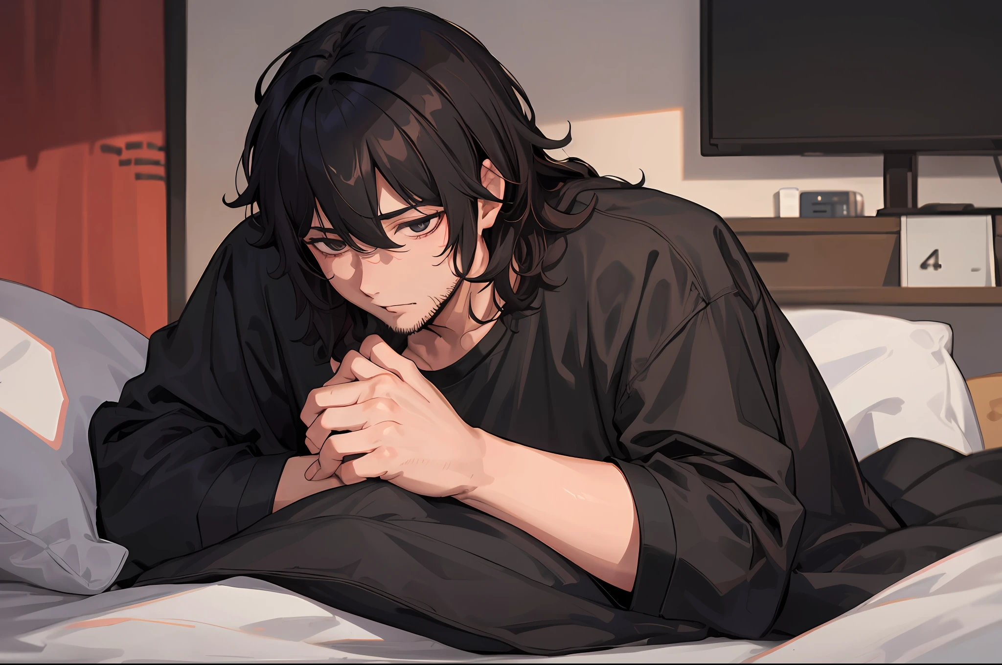 4k realistic, 25 years old, boy, in bed, oversized black shirt with logo, messy hair, stubble, in apartment, blanket