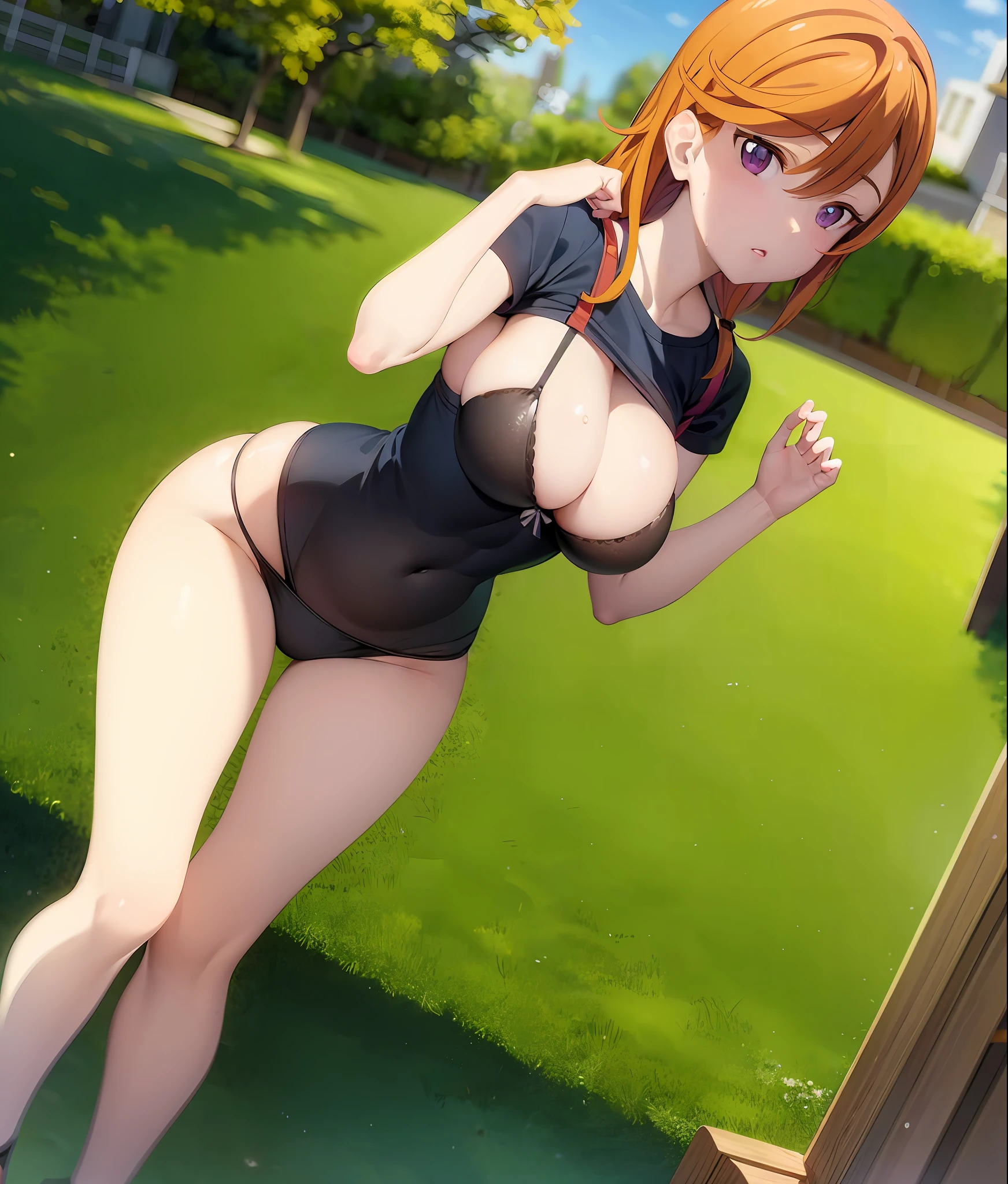 2d, masterpiece, best quality, anime, highly detailed eyes, highly detailed face, highly detailed background, perfect lighting, shibuya kanon, purple eyes, orange hair, short hair, high ponytail:1.4, bra, big breast, cleavage, nipple, no pants, black underpants, parted lips, blush, shy, sweat, outdoor, depth of field, standing, pov, twilight, sunset, sunrays, perfect lighting:1.4