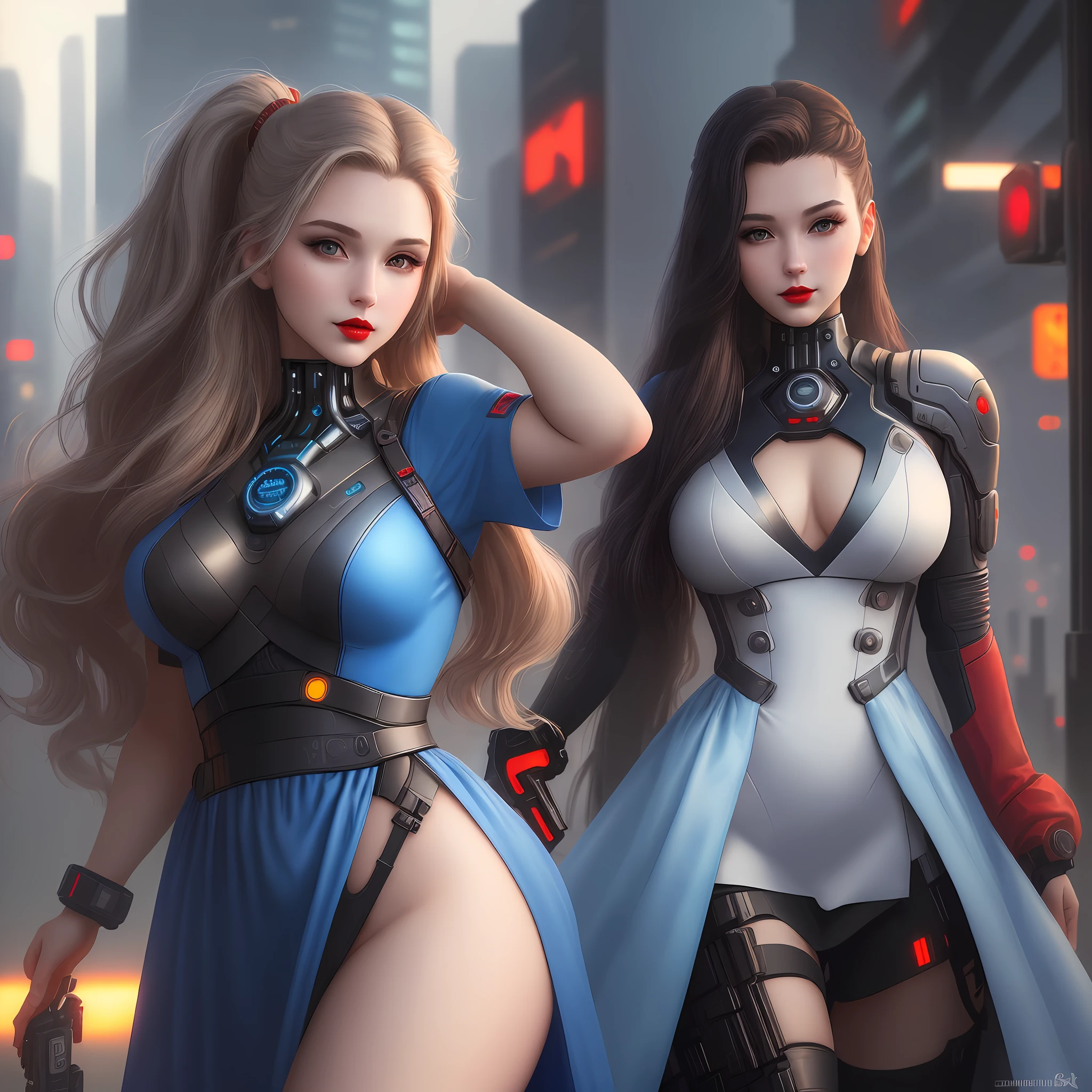 (best quality, masterpiece: 1.1), (realistic: 1.4),1girl, long hair and verbest two locks, different poses, sexy look with red lips; different shades of light, wearing blue dress, shadowrun style, cyberpunk city