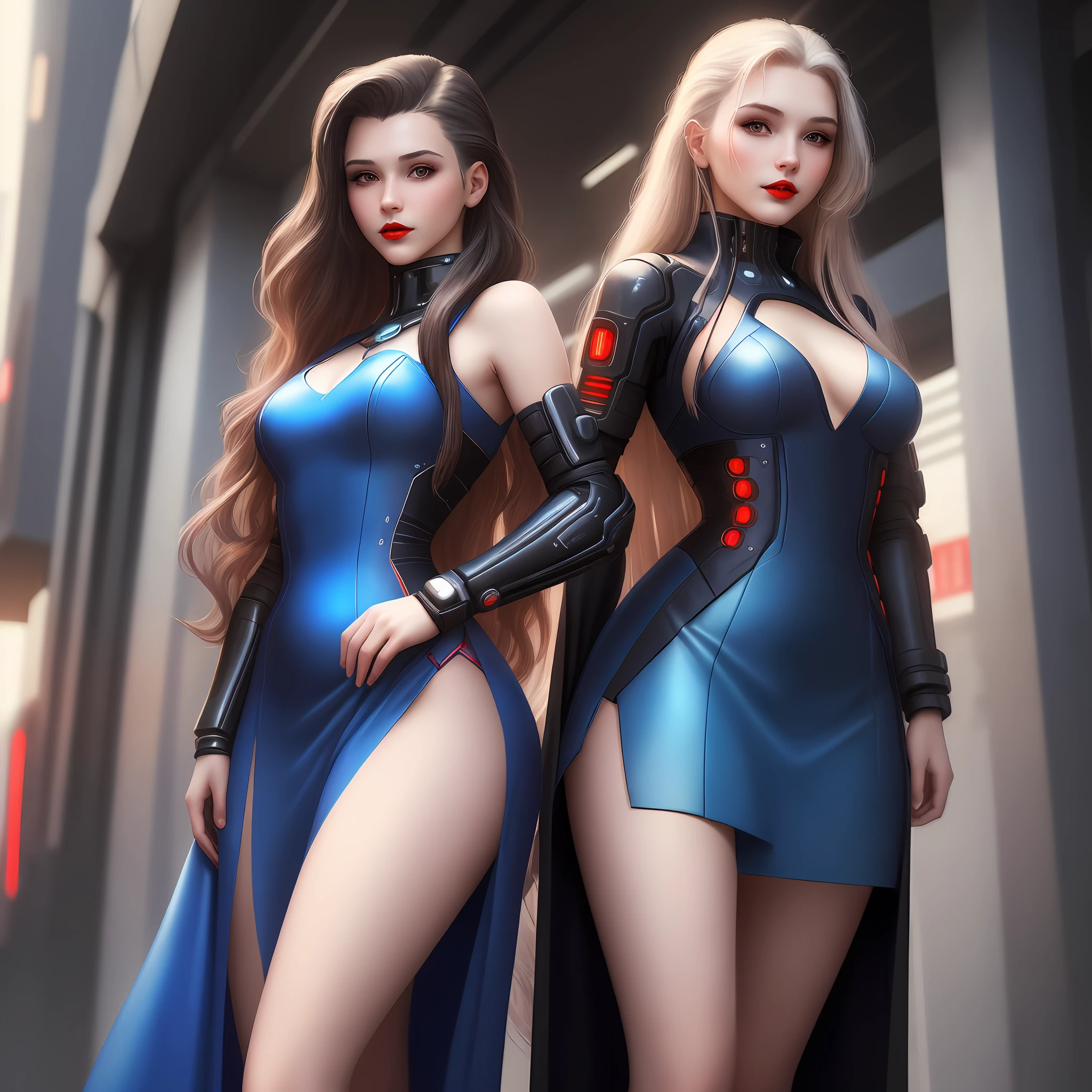 (best quality, masterpiece: 1.1), (realistic: 1.4),1girl, long hair and verbest two locks, different poses, sexy look with red lips; different shades of light, wearing blue dress, shadowrun style, cyberpunk city