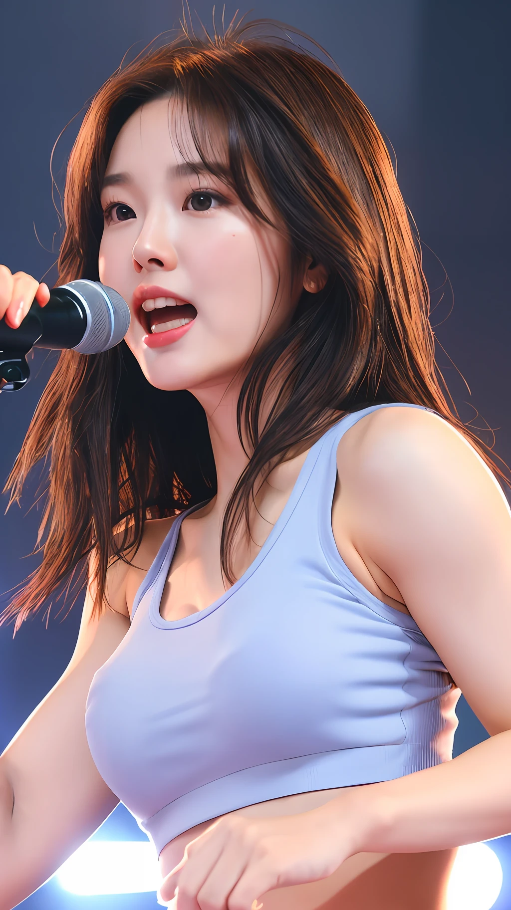 Lifelike photos of (No. 1 cute Korean actress) medium hair, smooth face, light makeup, medium breasts. Wearing tank top, singing on the stage ,Canon EOS 35mm Lens 8K high-resolution face, crisp and realistic details Close up