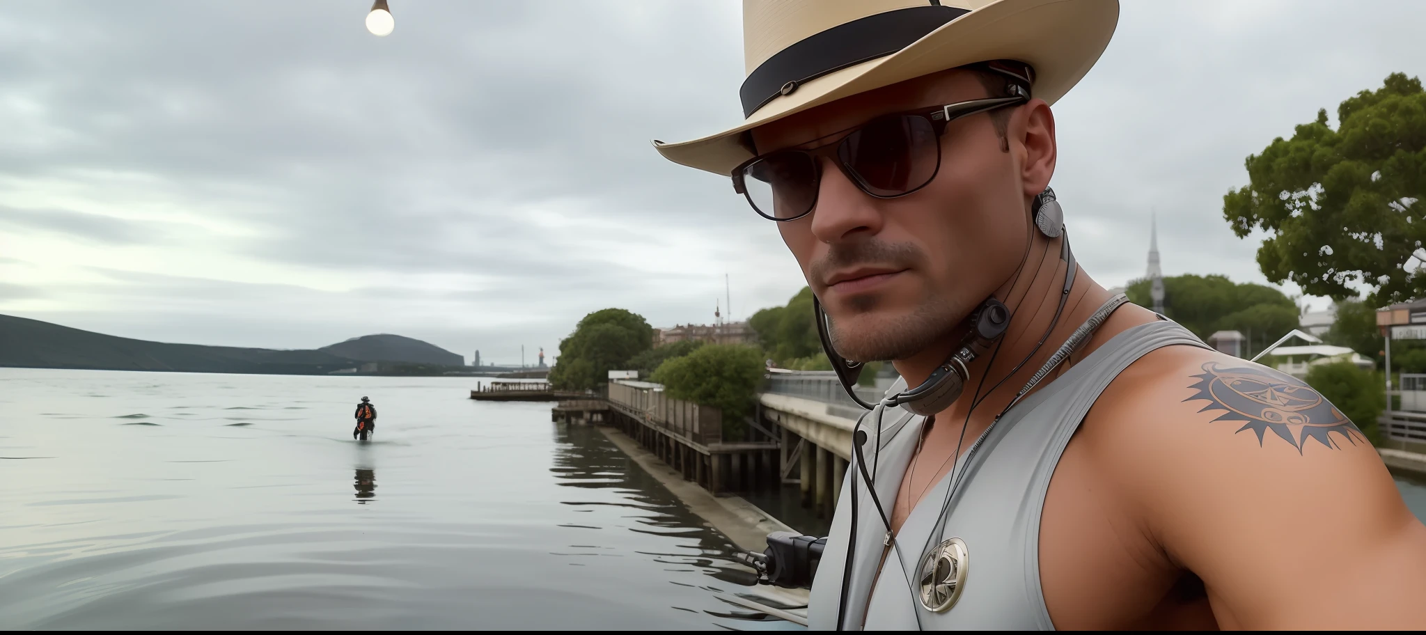 there's a man in a hat and glasses taking a selfie, Thierry Rouzier, taken in the early 2020s, standing by the water, looking seductive and hyper-realistic portrait on a river near a pier, handsome man, of Mathias Kollros, about 3 , by the sea, full-body cyborg| Full Body Portrait| detailed face| symmetrical| steampunk| cyberpunk| cyborg | intricate detailed| scalar| hyperrealistic| cinematographic lighting| digital art| concept art| style mdjrny-v4,(highest quality:1.3), cinematic photo, masterpiece, (sharp focus:1.5), (photorealistic:1.3), biker, viking