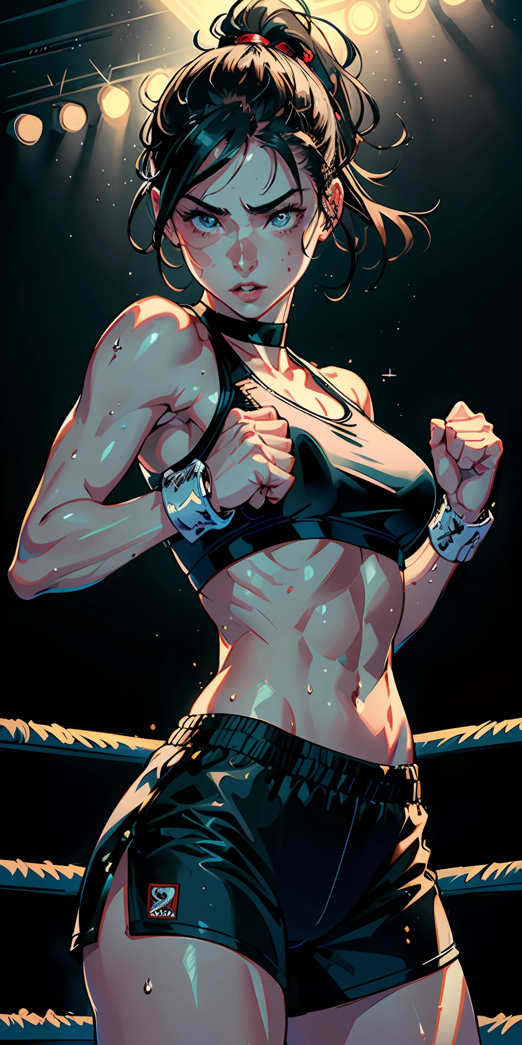 (original) , (very detailed wallpaper) , (best quality) , (masterpiece) , photographic reality, realistic, very detailed illustrations, (1 girl) , beautiful eyes, (delicate face) , perfect detail, (best lighting) , (super complex details) , 
 (boxing girl) , (aggressive punching) , sweat, heavy breathing, (oppressive attack) , (boxing ring) , athletic shorts, perfect detail, perfect fingers, perfect limbs, impact, (shiny skin) , abs, muscles, waistline,boxing shorts, fist fight, black hair, high ponytail, very long hair, 
4K unified, (super detailed CG: 1.2) , (8K: 1.2) , realistic, octane rendering