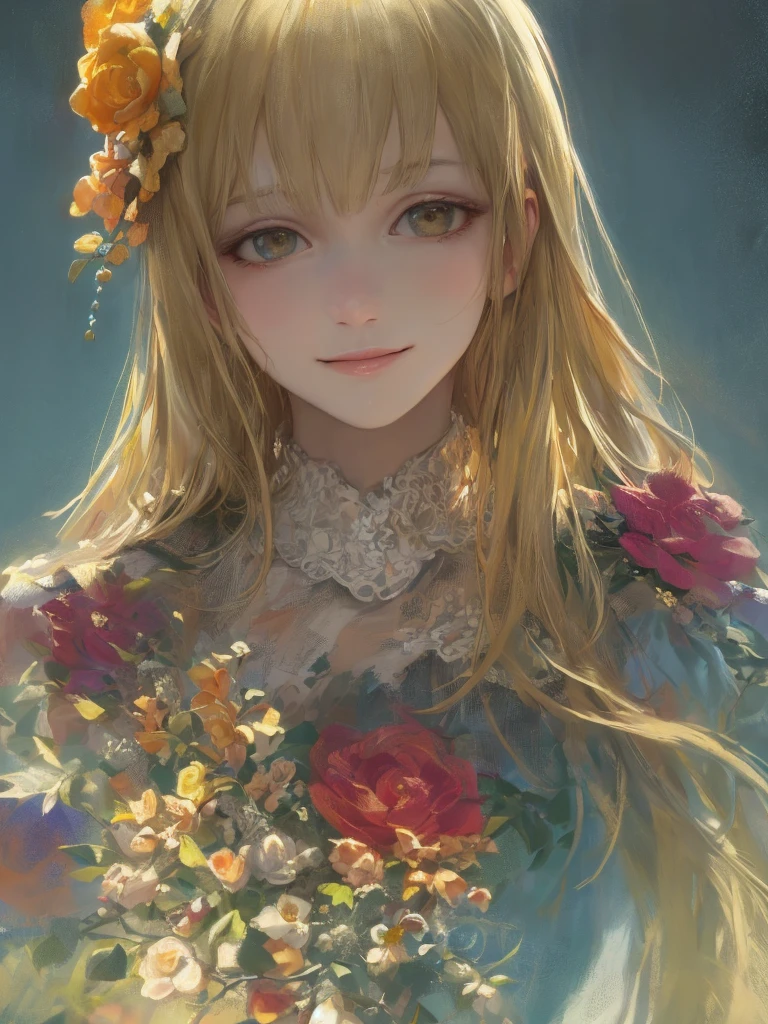 woman, portrait, flowers in hair, long blonde hair, best quality, (realistic, painting style), masterpice, elegant, smile, gentle, aristocratic