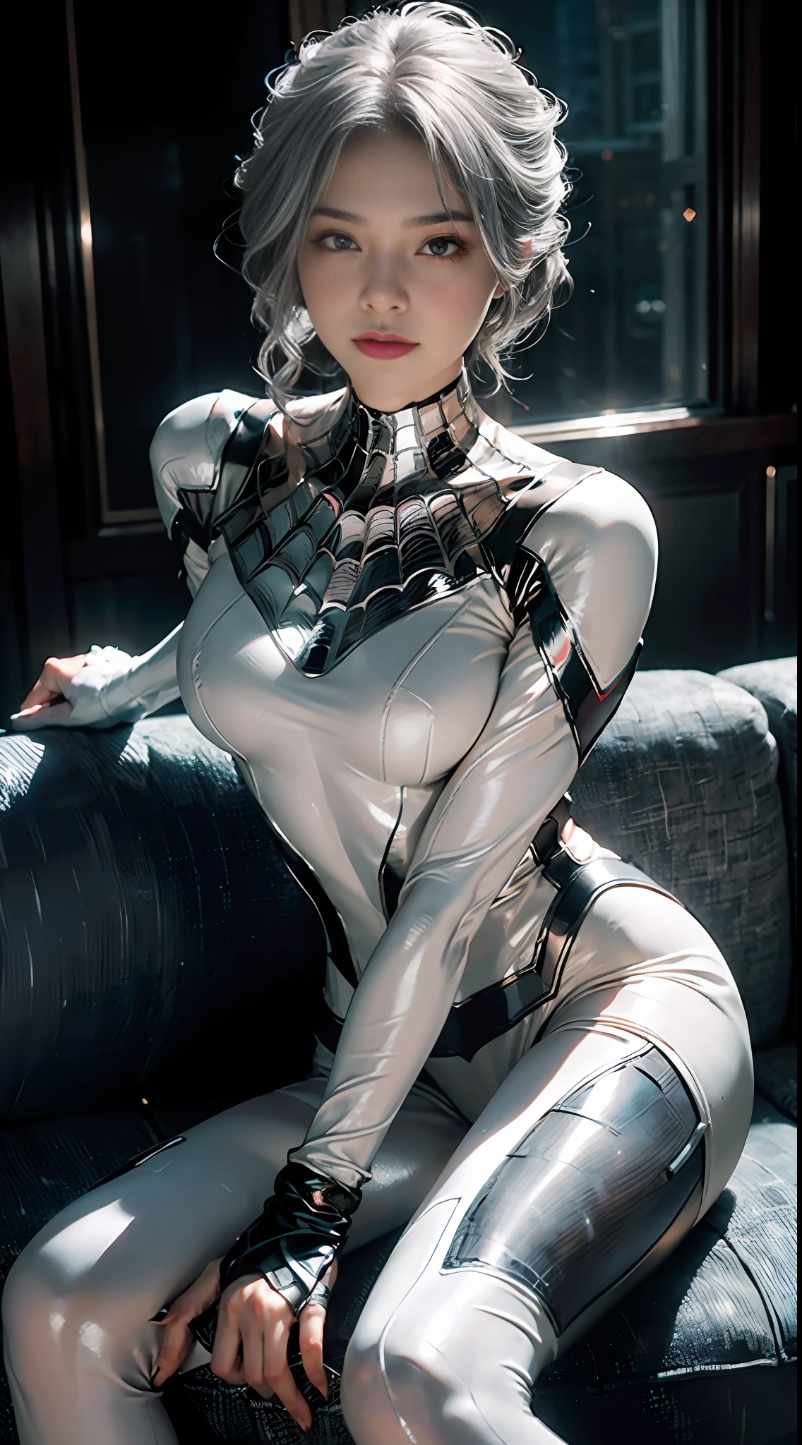 (Extreme Detail CG Unity 8K wallpaper, masterpiece, highest quality), (Exquisite lighting and shadow, highly dramatic picture, Cinematic lens effect), a girl in a white Spider-Man costume, silver gray hair color, from the Spider-Man parallel universe, Wenger, Marvel, Spider-Man, sitting on the couch, dynamic pose), (excellent detail, excellent lighting, wide angle), (excellent rendering, enough to stand out in its class), focus on white Spider-Man costumes, complex spider textures