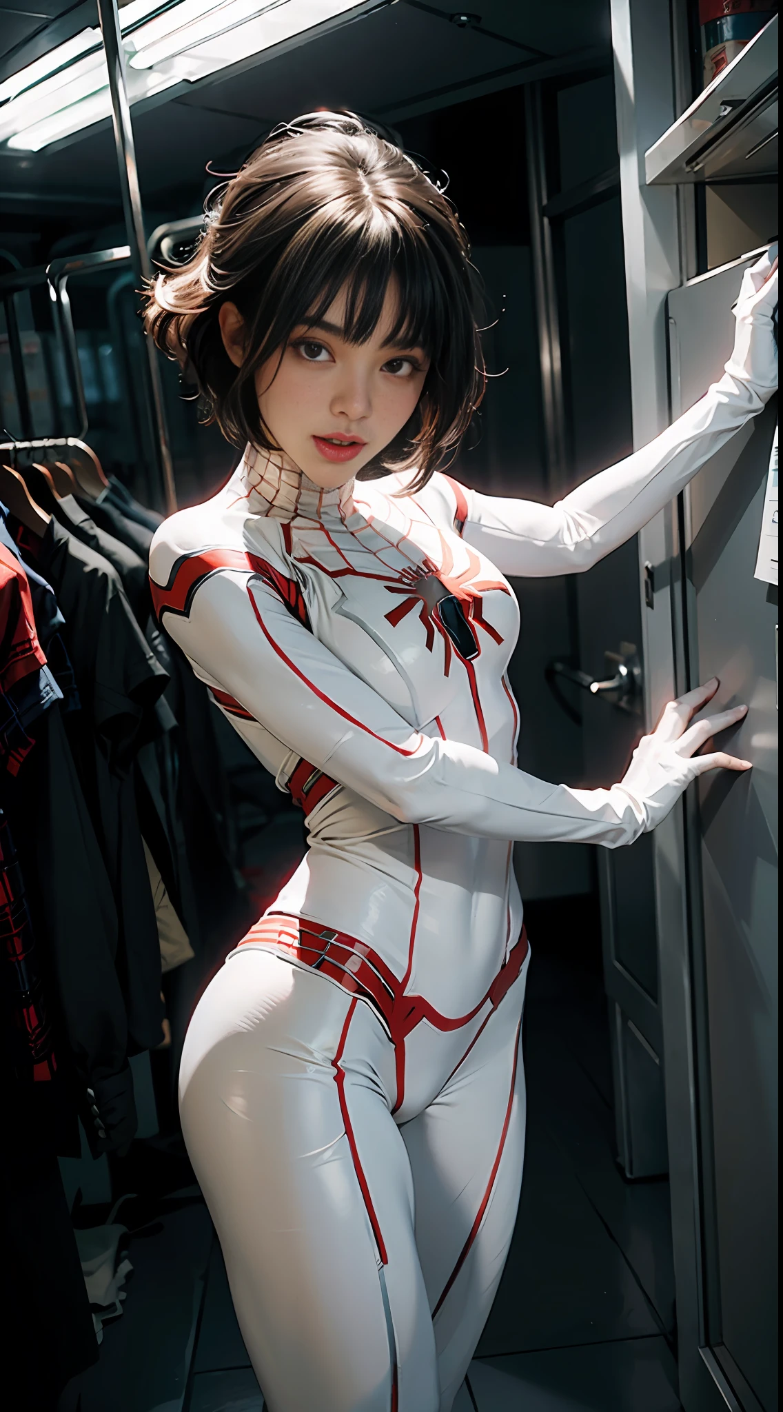 A girl wearing a white Spider-Man costume, Spider-Man parallel universe, dynamic poses, dramatic lighting, OC rendering