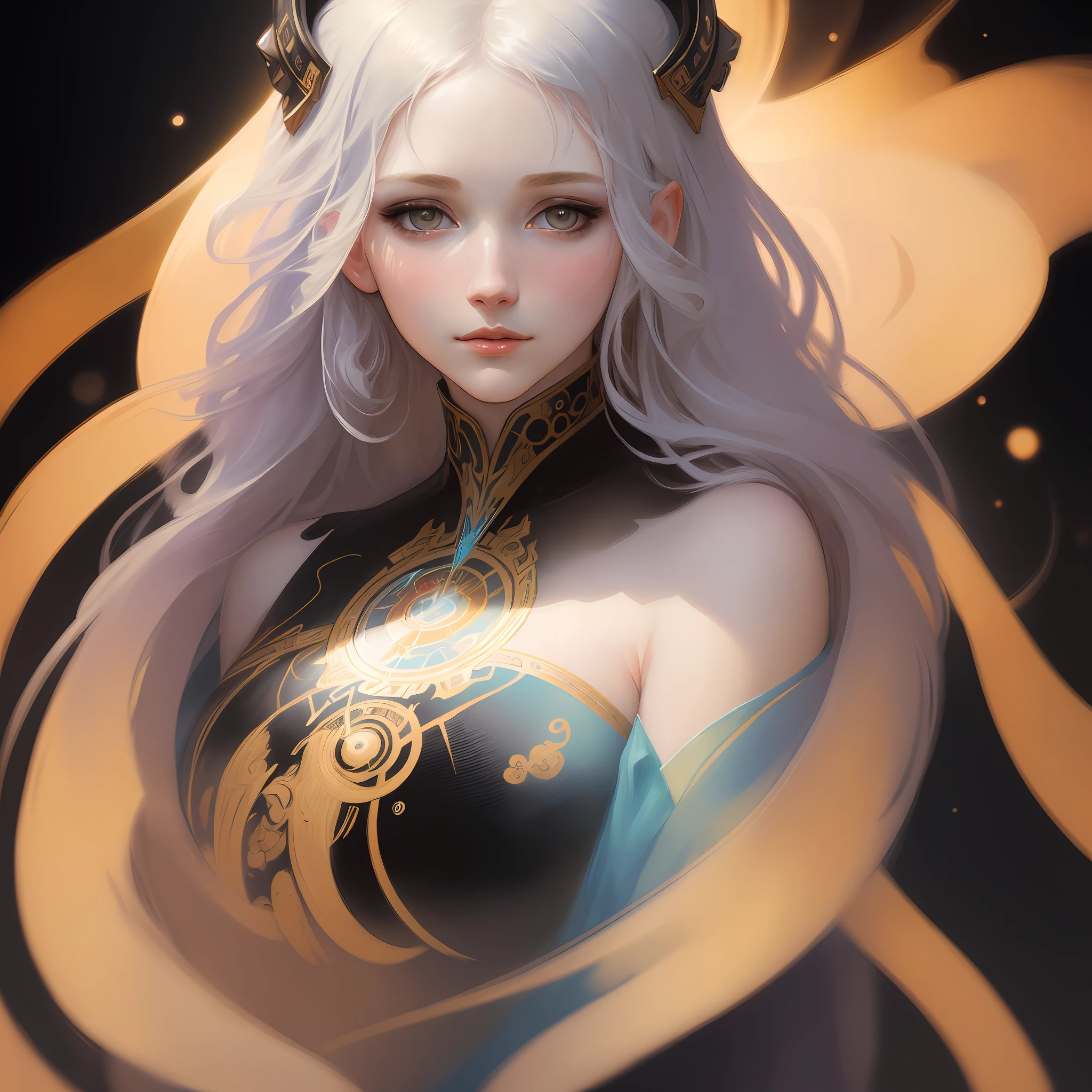 masterpiece, water color painting style, illustration, abstract, pastel colors, bright eyes, pale skin, (((elegant woman face art))), gorgeous, long messy colored hair, detailed face, abstract cosmic details, colorful, golden ratio, intricate, ((minimalist black background)), soft light, shadows, 12k resolution, best quality, high detailed, UHD, cinematic production, black background, trending on artstation, highly production, painting by Alphonse Mucha
