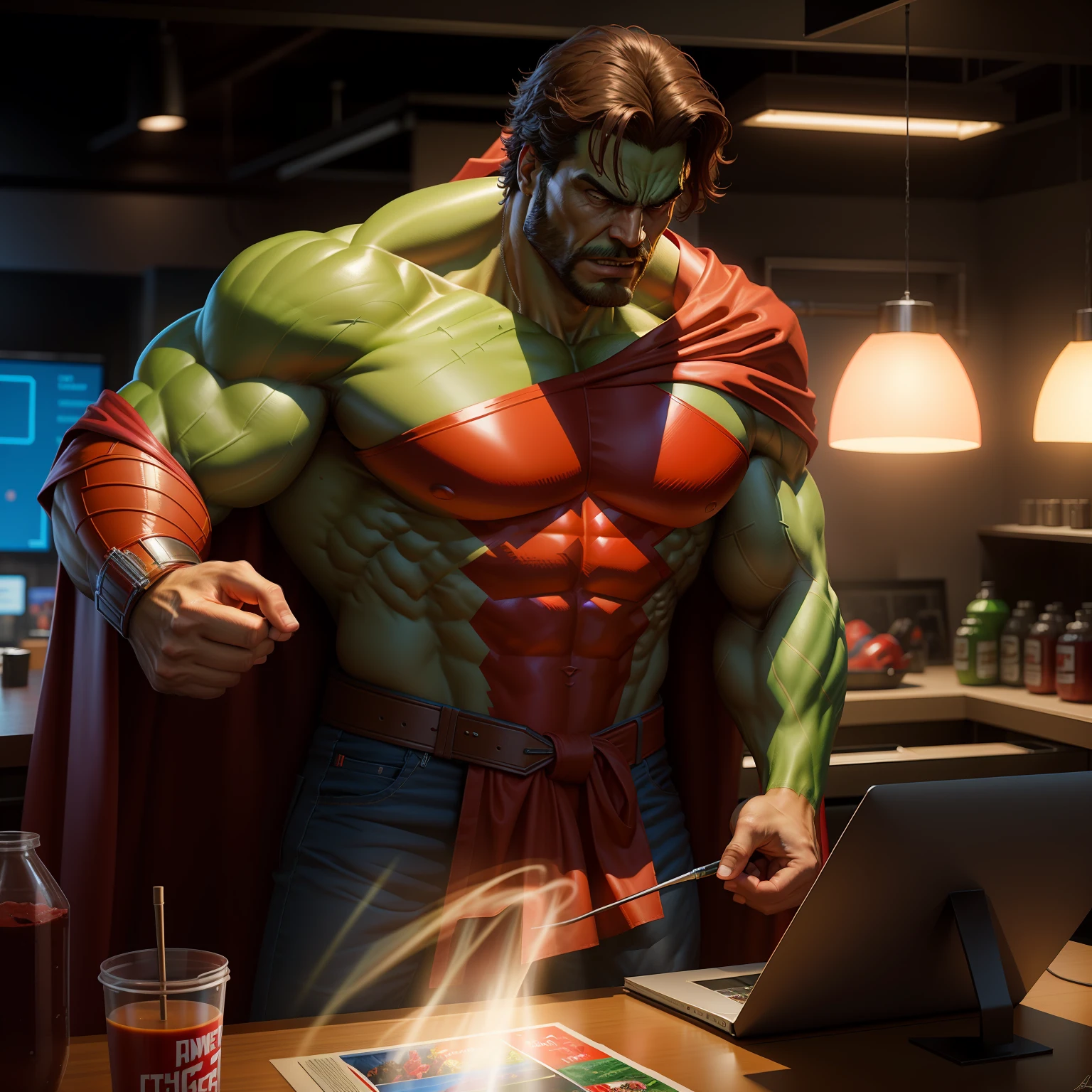 raw photo, a man in a red cape standing next to a hulk, a comic book panel by anthony palumbo, behance, photorealism, dc comics, marvel comics, reimagined by industrial light and magic