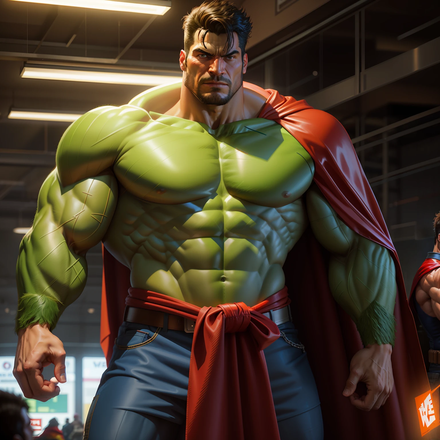 raw photo, a man in a red cape standing next to a hulk, a comic book panel by anthony palumbo, behance, photorealism, dc comics, marvel comics, reimagined by industrial light and magic